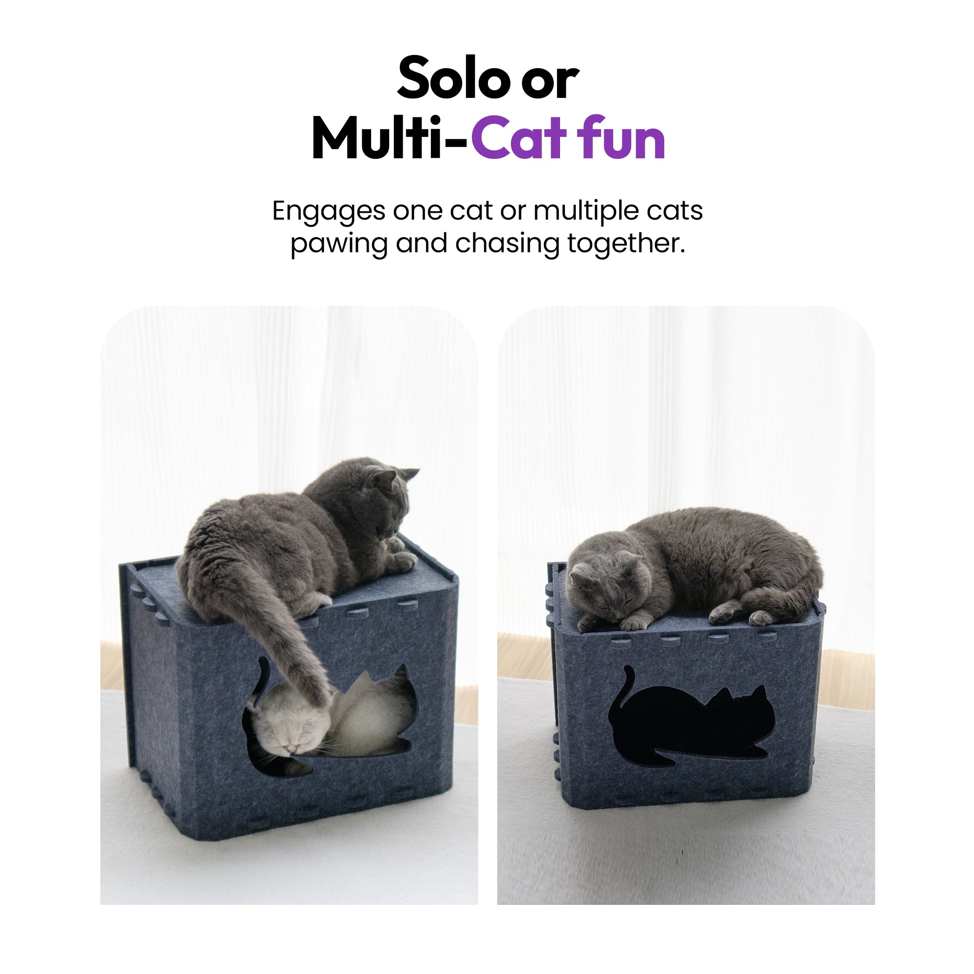 Logo Rectangle Cat House – Spacious Felt Hideout with Logo Front Door – Modern Cat Den & Bed (Grey or Cream)