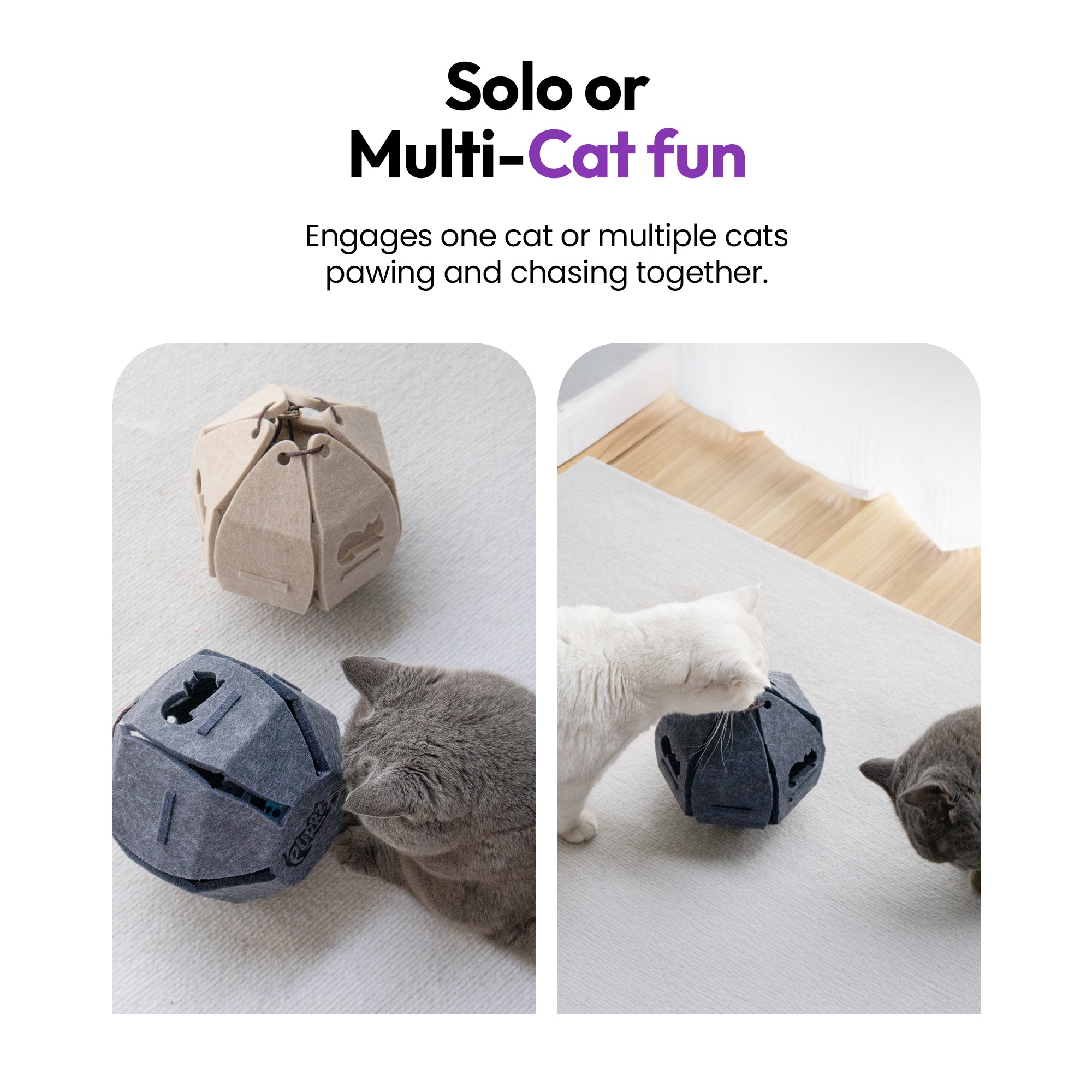 Abstract Felt Ball Cat Toy – Interactive Orb with Bell Ball Inside – Modern Felt Cat Toy (Grey or Cream)