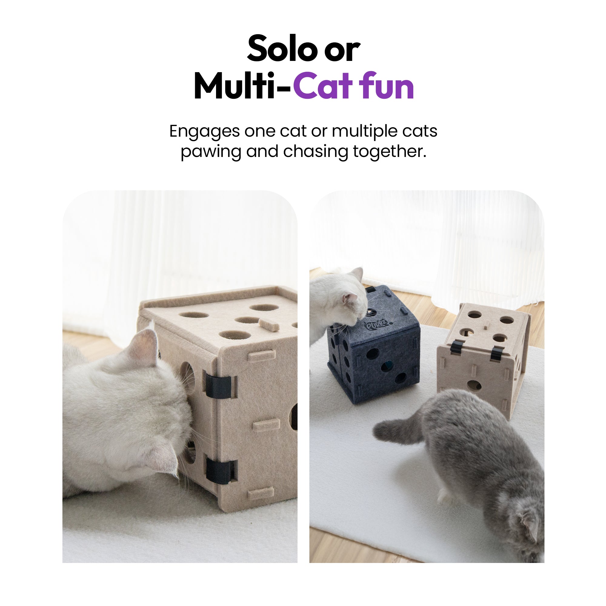 Dice-Shaped Felt Cat Toy – Interactive Cube Play Box with Bell Ball – Modern Felt Toy for Cats & Kittens (Grey or Cream)