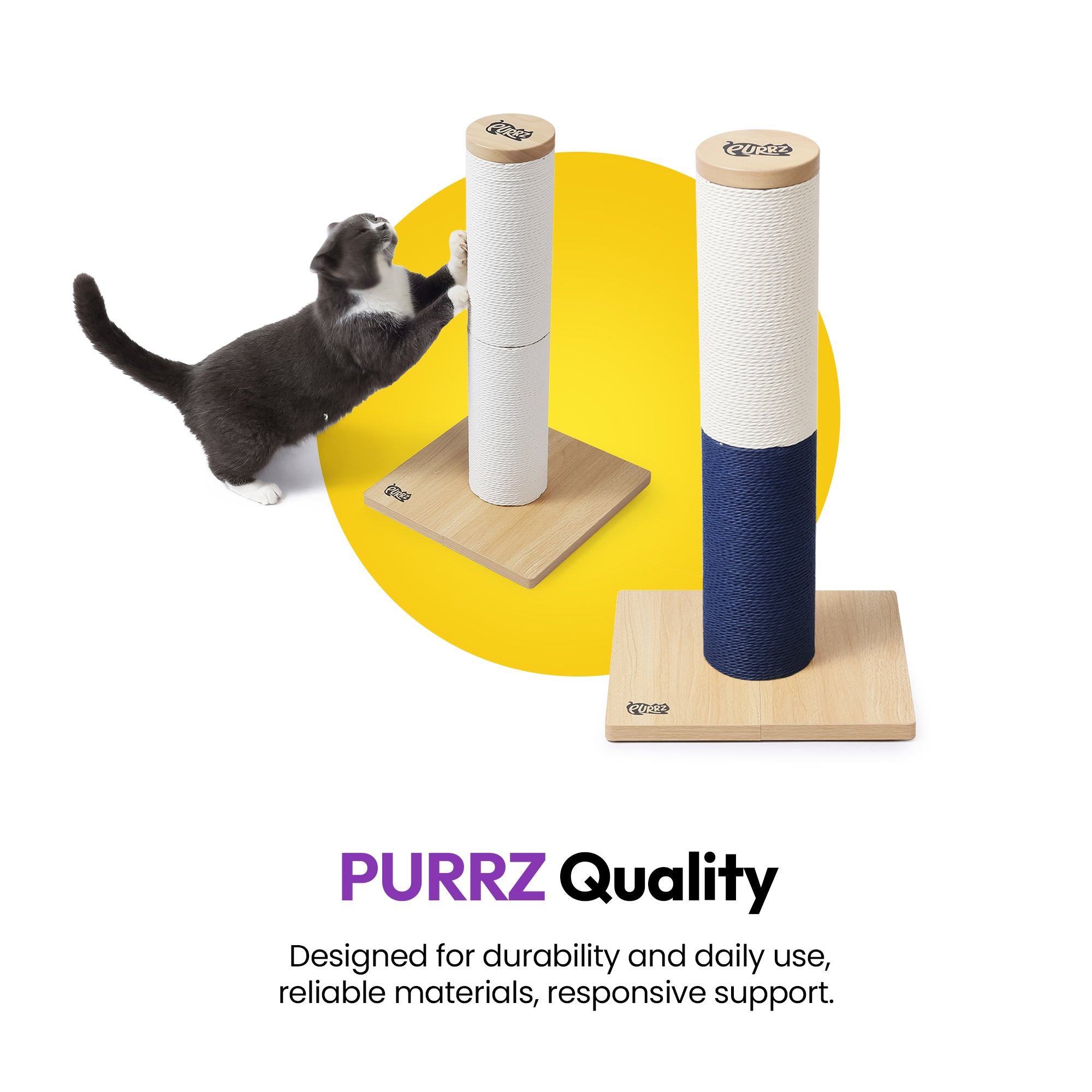 Cat Scratching Pole – 60cm Tall, 12cm Diameter, 30×30cm Wooden Base – Durable Paper Rope Sisal-Style Post, Stable Anti-Tip Base, Lounger-Friendly, Protects Furniture – White or Half-Blue/White Rope
