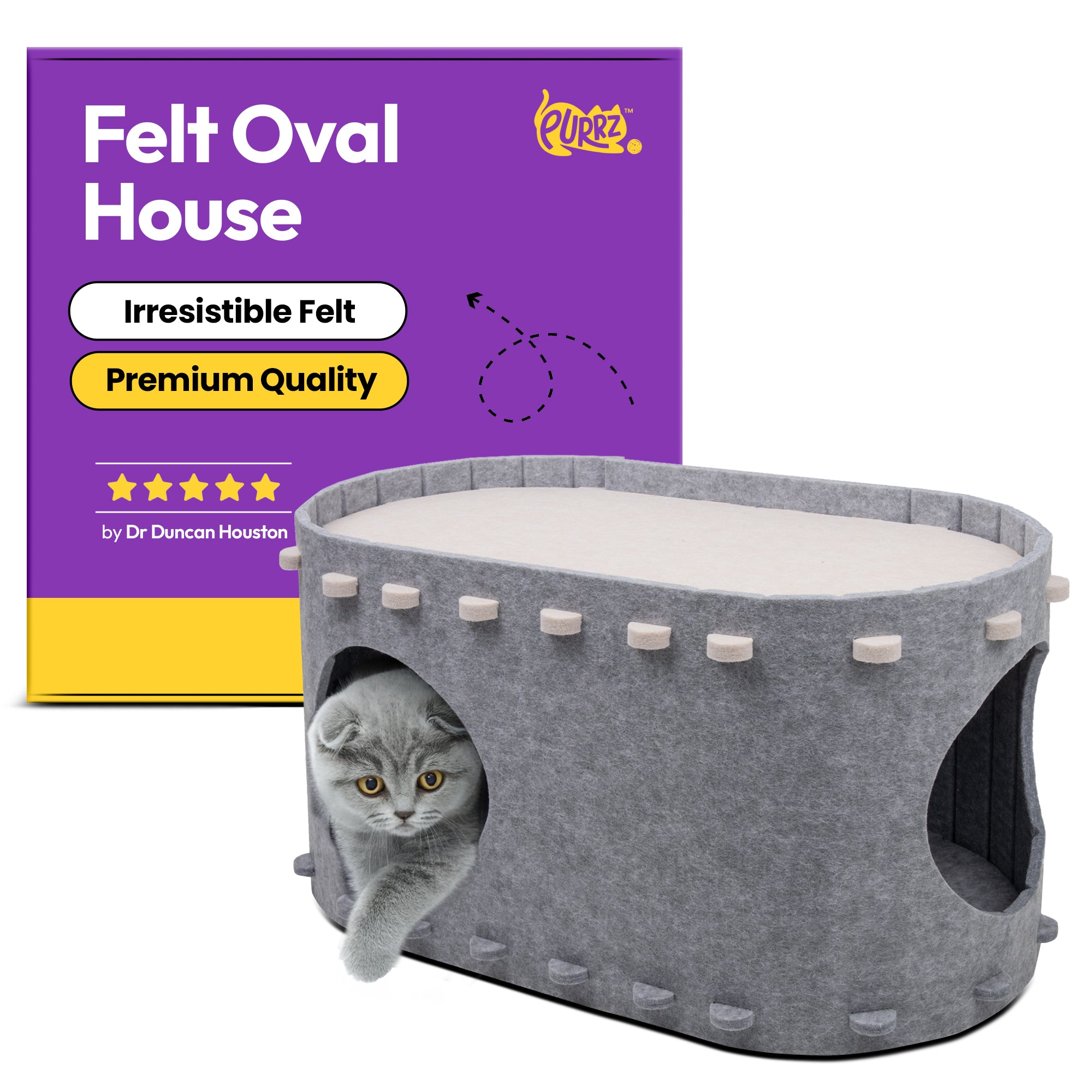 Cat Oval House for Indoor Cats – Cozy Cave & Tunnel Bed for Large Cats Up to 22 Lbs – Foldable, Scratch-Resistant, and Insulated Felt Cat Hideaway - (Grey and White) (Small)
