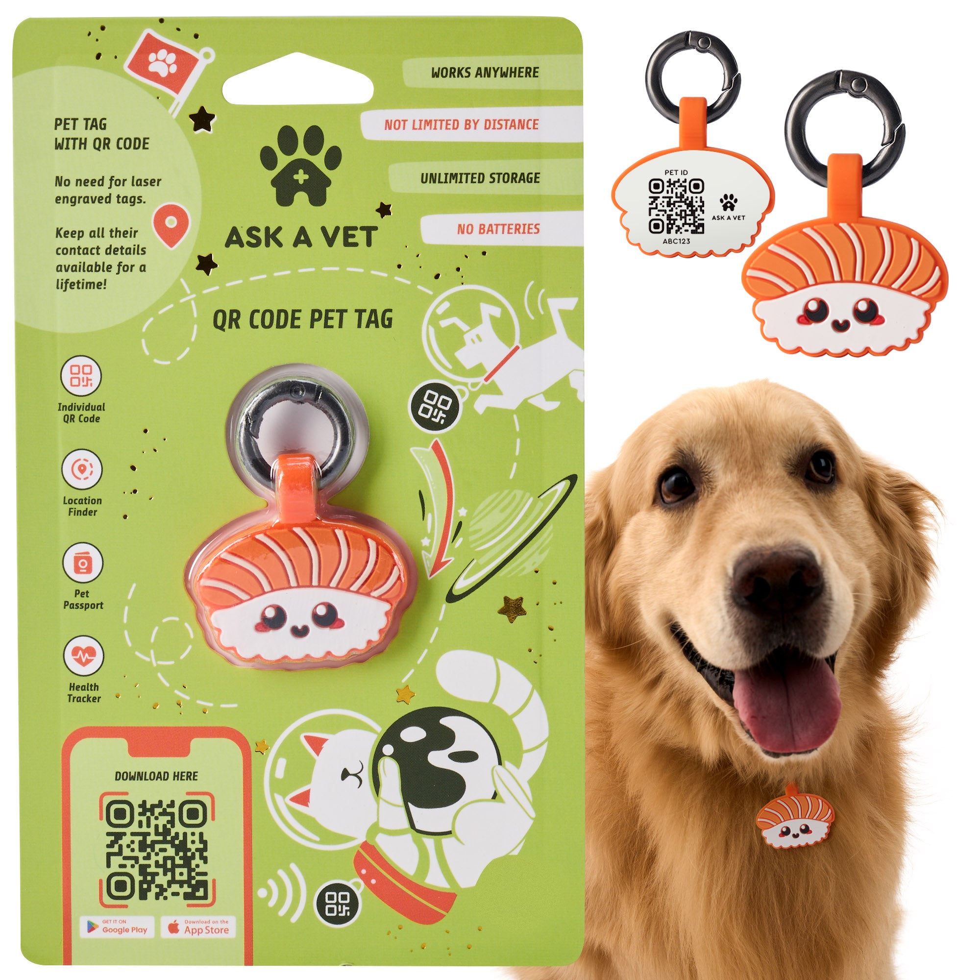 ASK A VET Salmon Sushi Pet ID Tag – NFC & QR Code Silicone Dog & Cat Tag – Hanging & Slide-On Digital Smart Tag – Waterproof, No Battery