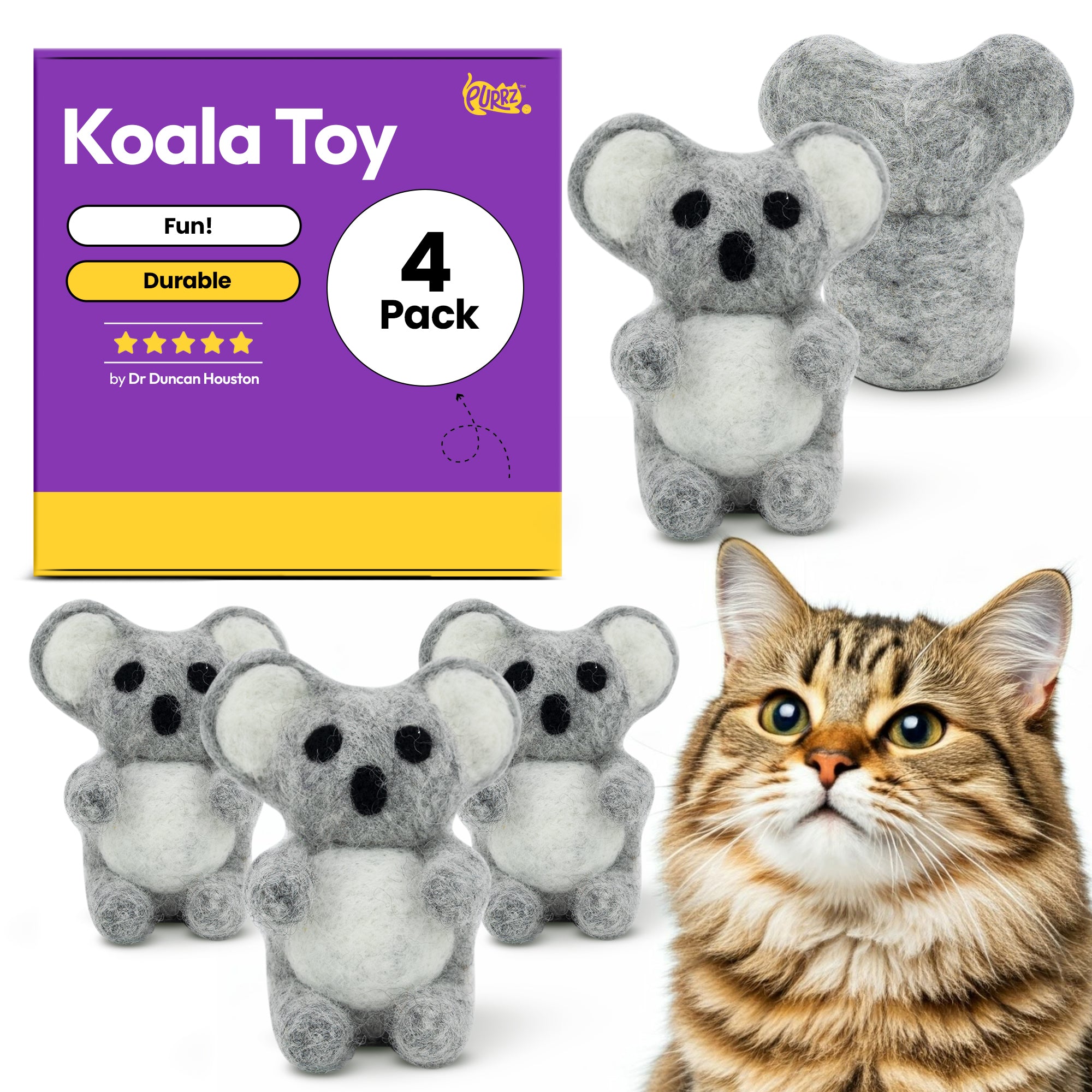 PURRZ 4-Pack Handmade Felt Wool Cat Balls – Natural Merino Wool Catnip-Free Toys, Soft & Durable Indoor Play Balls for Cats & Kittens, Eco-Friendly, Bite-Resistant, Light Yellow, Blue, Orange, Red - (One Size, Koala) (Set of 4)