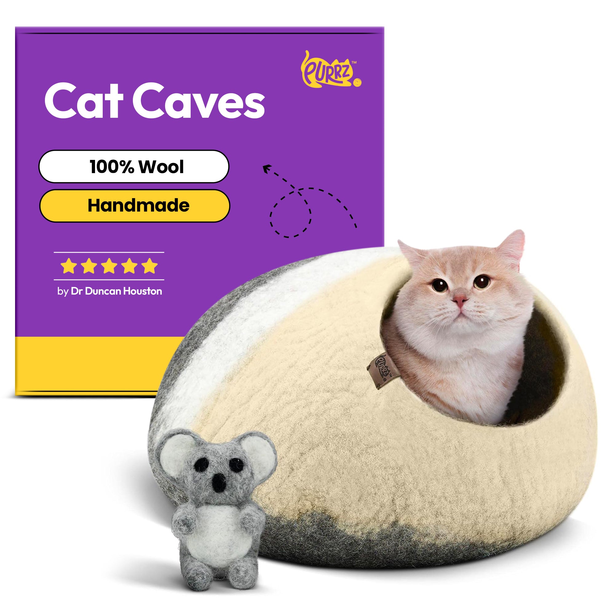 PURRZ Luxury Cat Cave | Natural Wool Felt Handmade Cat House, Cat Beds, Cat Condo, Cat Furniture, Cat Beds for Indoor Cats, Cat Houses for Indoor Cats, Cat Hideaway (KOALA)