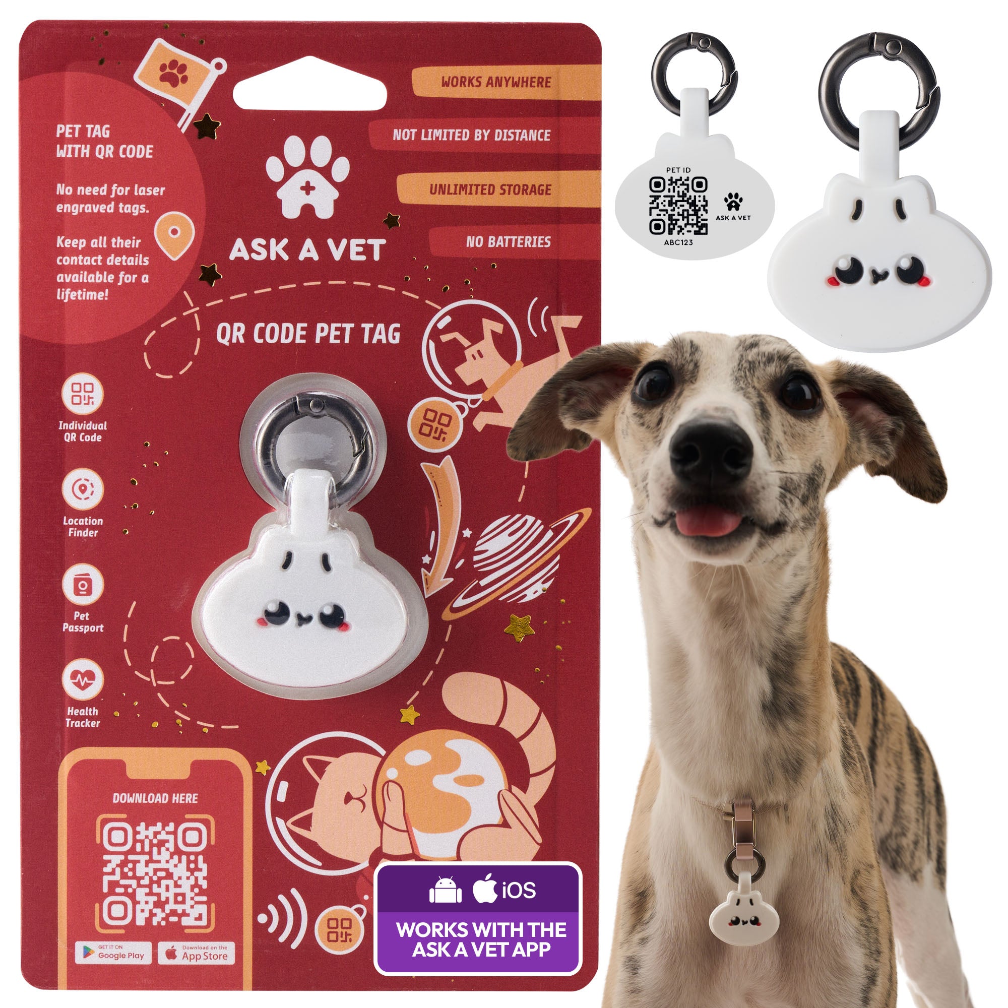 ASK A VET Dumpling Pet ID Tag – NFC & QR Code Silicone Dog & Cat Tag – Hanging & Slide-On Digital Smart Tag – Waterproof, No Battery