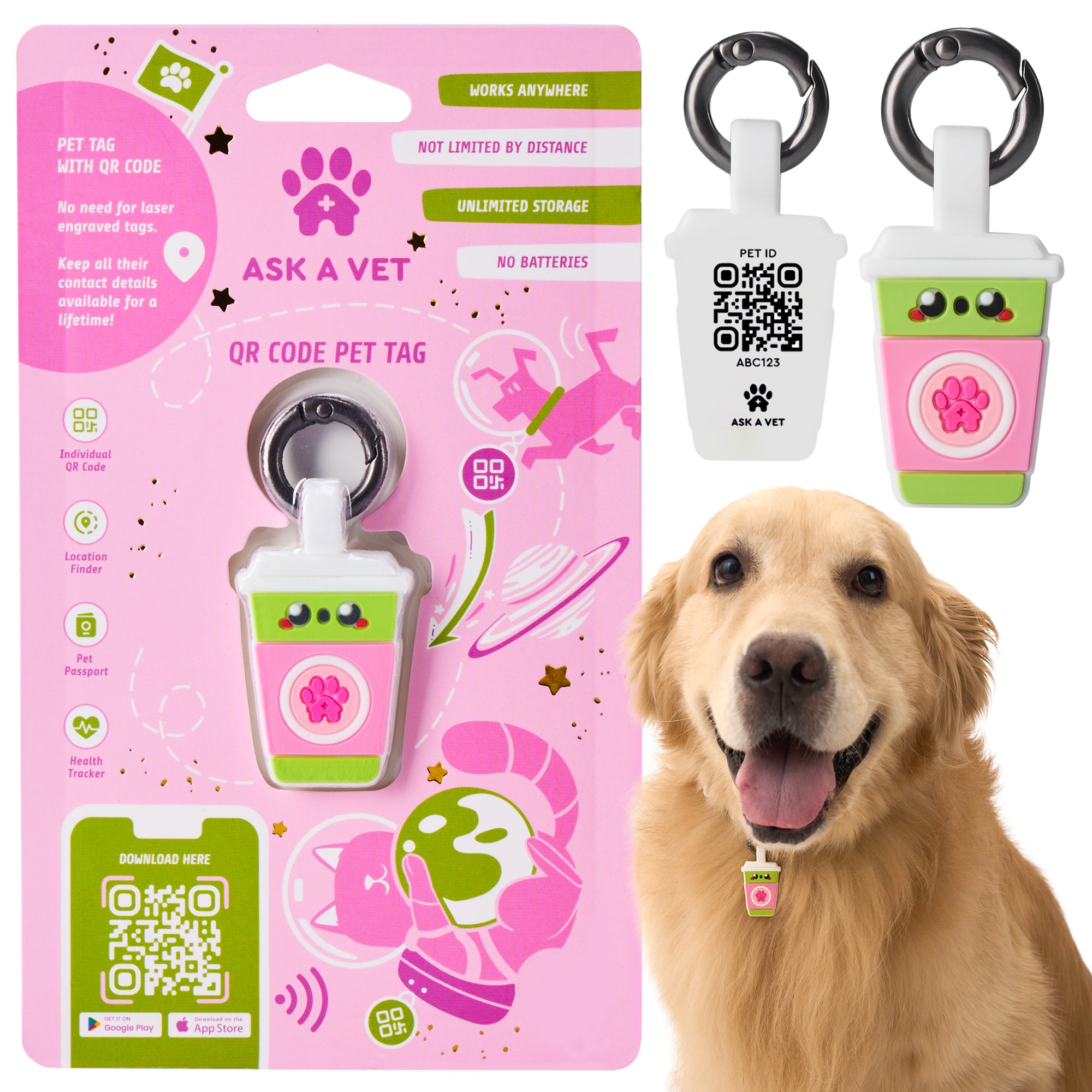 ASK A VET Sakura Matcha Latte Pet ID Tag – NFC & QR Code Silicone Dog & Cat Tag – Hanging & Slide-On Digital Smart Tag – Waterproof, No Battery