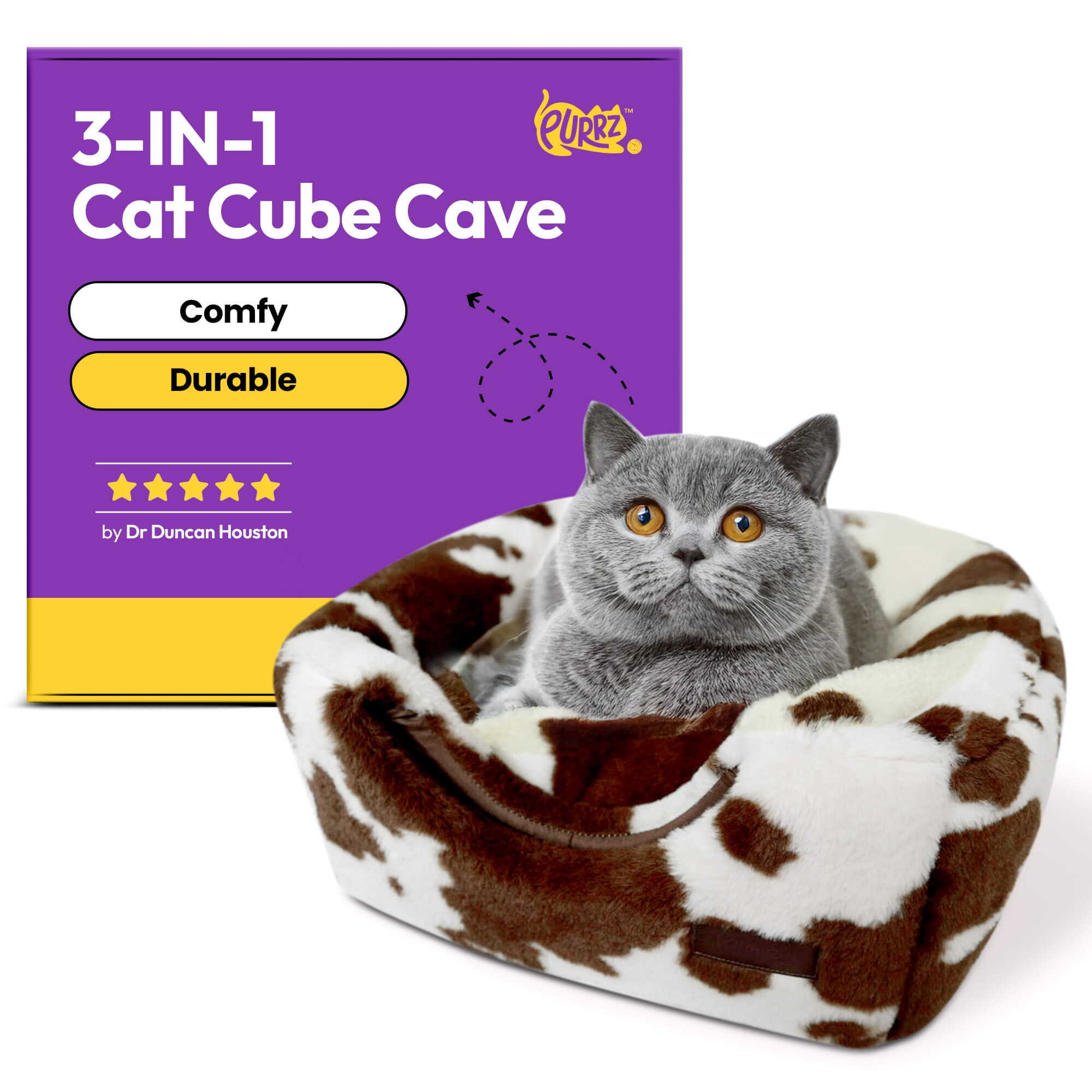 Foldable Cat Cube Bed Cave with Leather Handle | Anti-Stain & Machine Washable | Enclosed - Cat House, Cat Bed for Indoor Cats, Kitten Cave, Cozy Hideaway - (Medium, Cow Dark Brown)