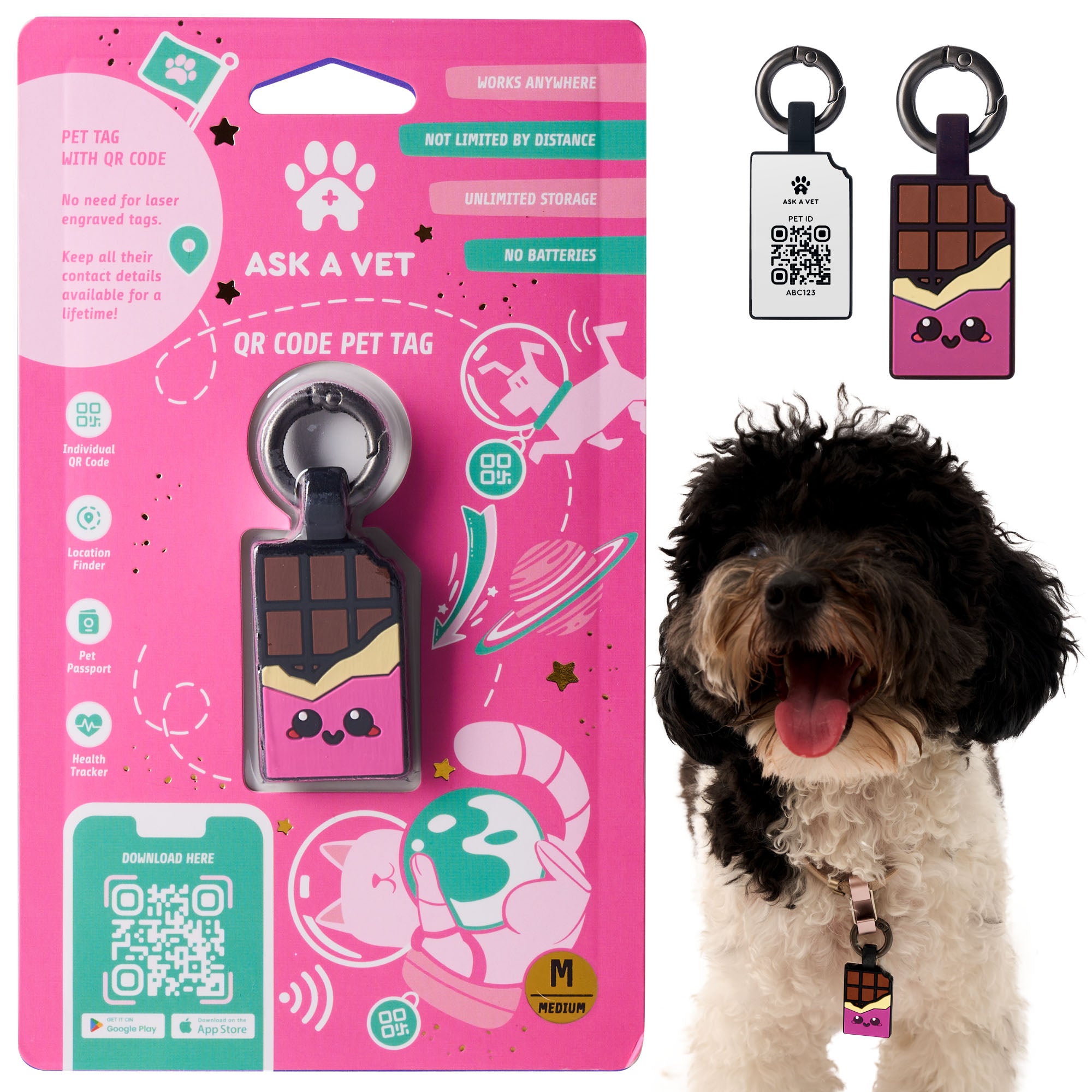 ASK A VET Chocolate Bar Pet ID Tag – Pink & Purple Variants – NFC & QR Code Silicone Dog & Cat Tag – Hanging & Slide-On Digital Smart Tag – Waterproof, No Battery