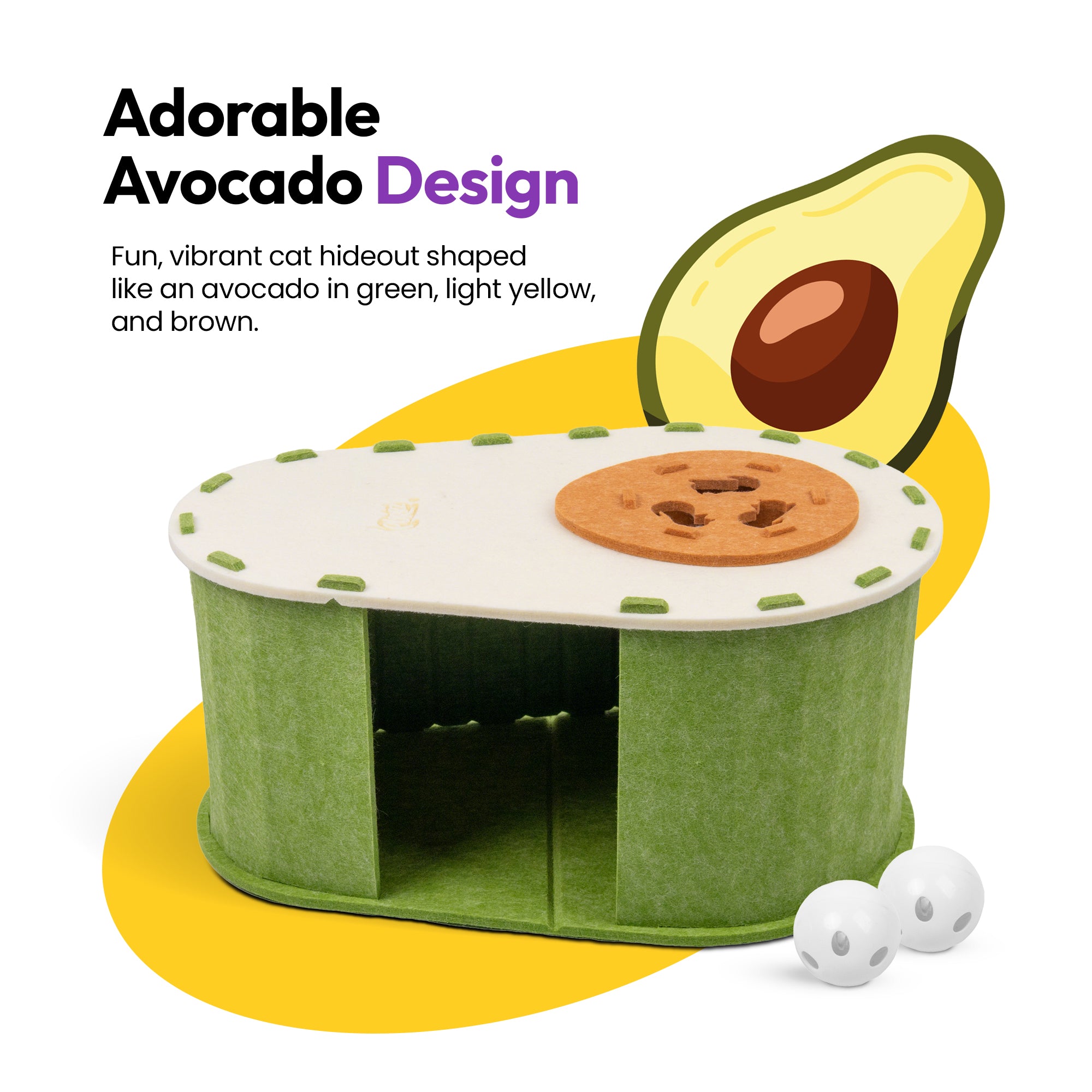 Avocado Cat House – Felt Hideout with Built-In Bell Ball “Seed” Toy – Cozy Cat Bed & Play Den