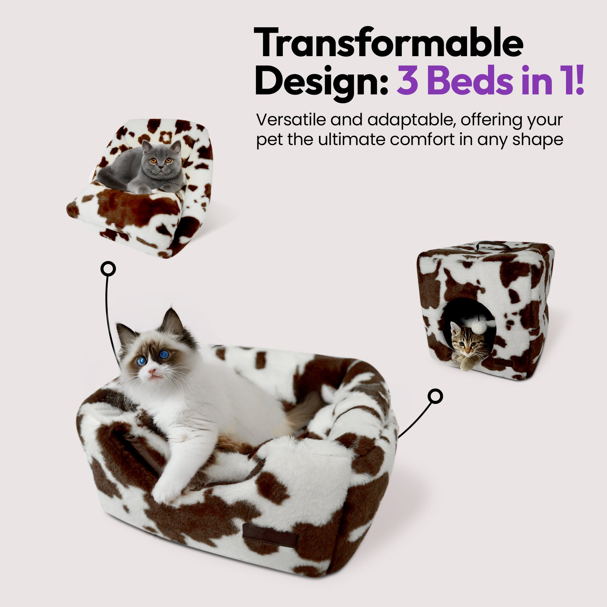 Foldable Cat Cube Bed Cave with Leather Handle | Anti-Stain & Machine Washable | Enclosed Cat House, Cat Bed for Indoor Cats, Kitten Cave, Cozy Hideaway(Cow)