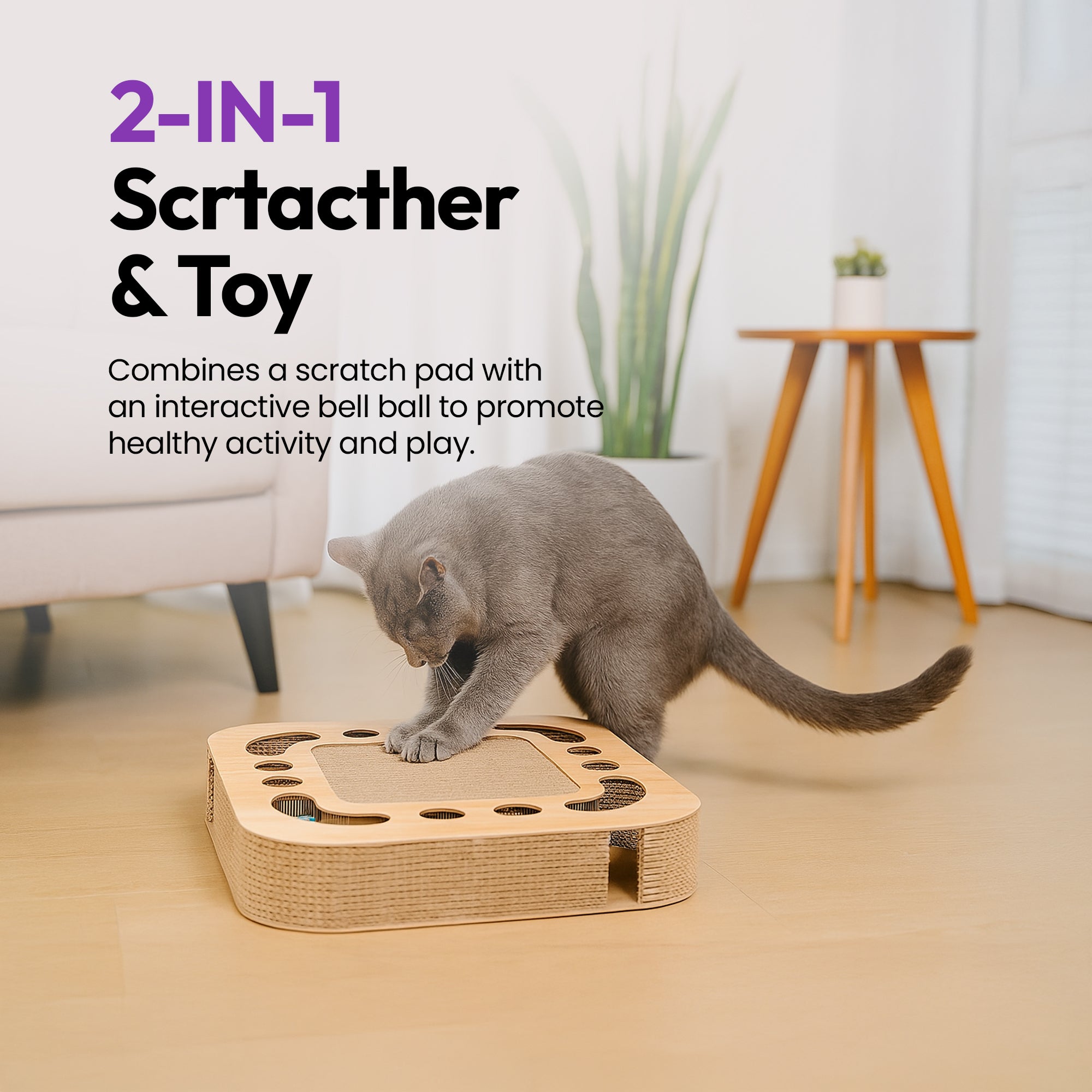 Cardboard Square Cat Scratcher with Bell Ball – 2-in-1 Expandable, Foldable & Eco-Friendly
