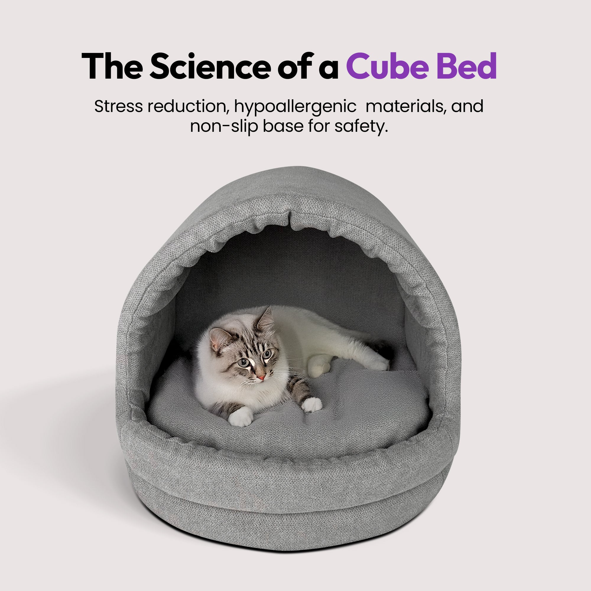 PURRZ Cat Cubby Cave – Washable, Cozy Cat Bed with Cushion – Non-Slip Base, Modern Design – Grey & Cow Print – Medium & Large Sizes – Indoor Pet Hideaway for Cats & Kittens (Grey Smoke)