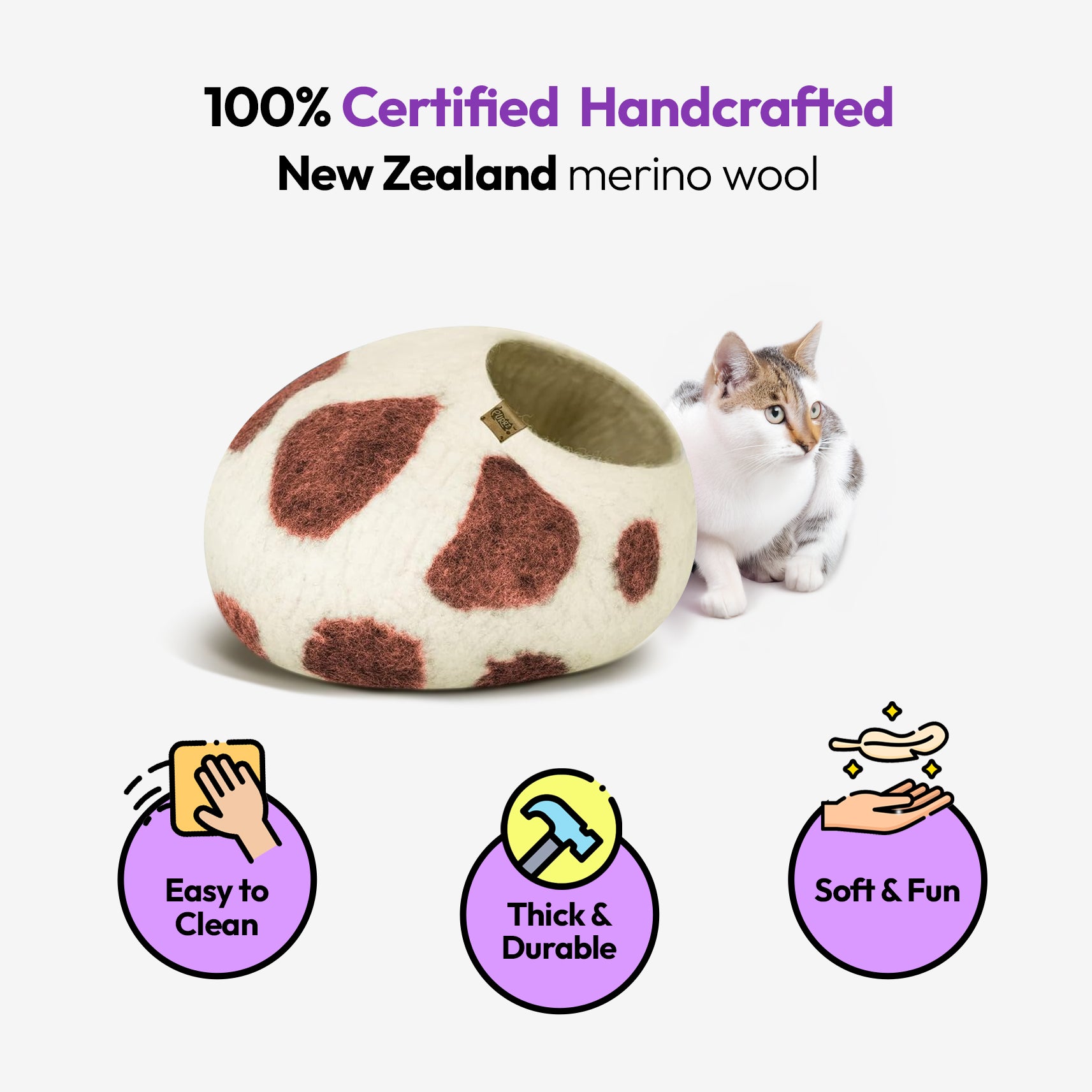 Handmade Merino Wool Cat Cave – Cozy, Calming & Hypoallergenic Hideaway for Cats & Small Pets (Brown Cow)