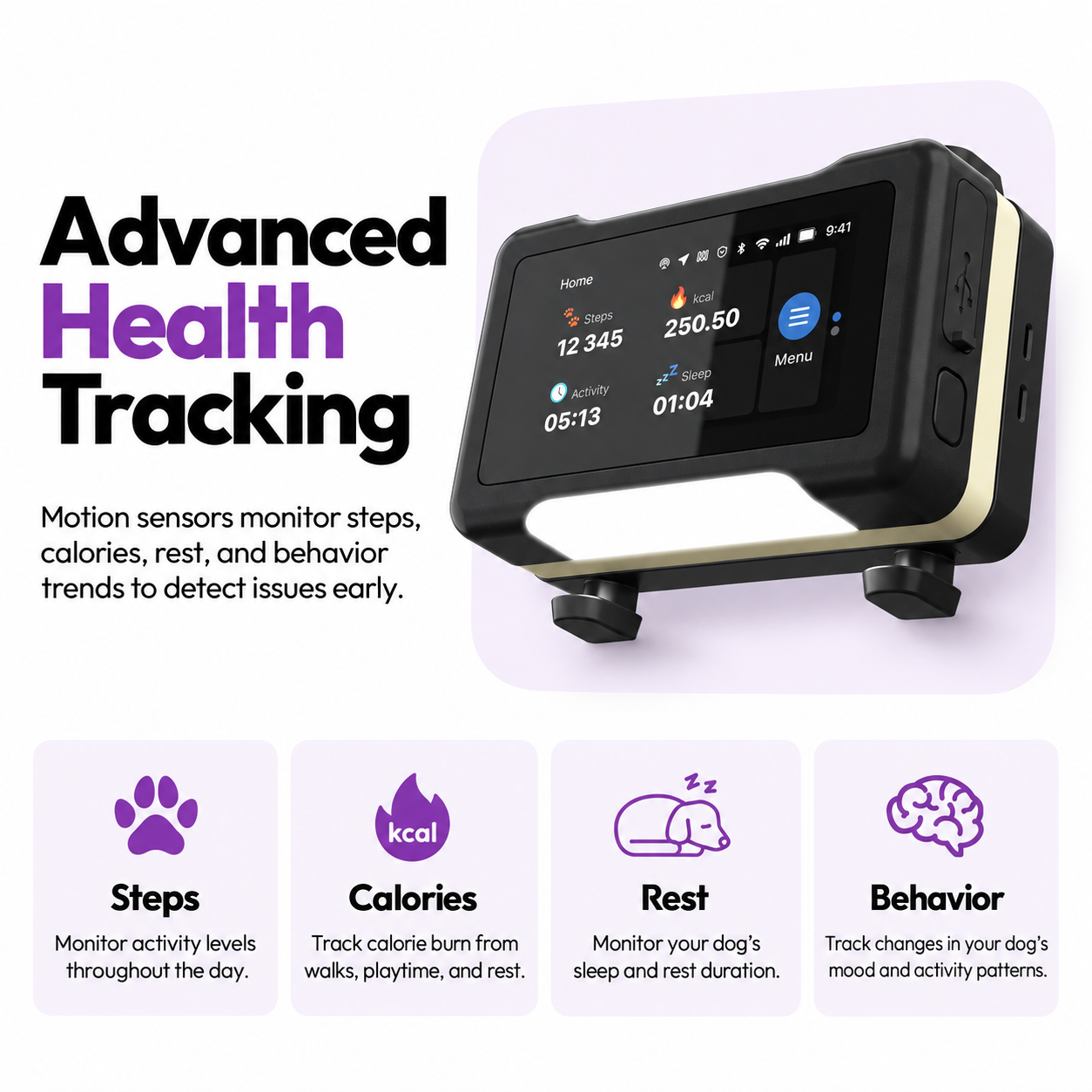 Black / Gold | Cat GPS Tracker: feature card: health tracking, the dark tracker's screen showing steps, calories, activity and sleep