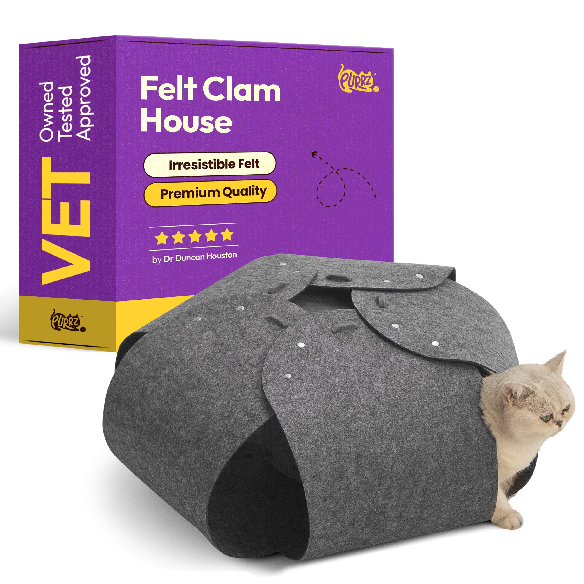 Clam Cat Cave House Home for Indoor Cats – Cozy Felt Clamshell Hideaway for Cats & Small Pets – Foldable, Scratch-Resistant, and Easy to Clean - (Grey, Small)