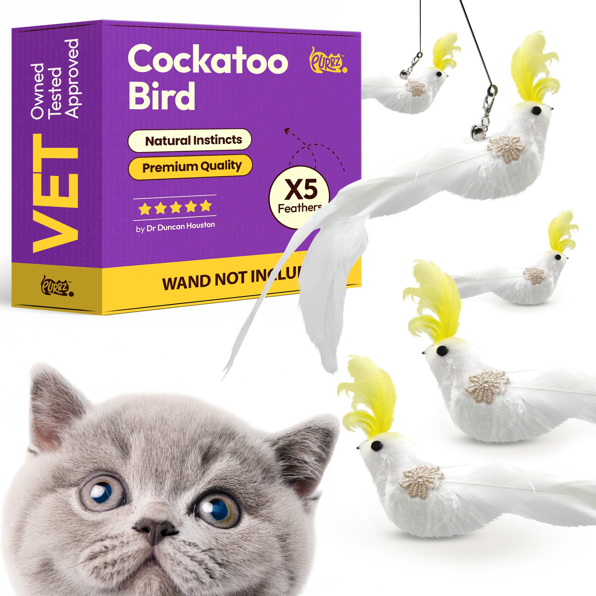 3-Pack Natural Australian Bird Feather Attachments for Cat Wand Toys – Vet-Approved Teaser for Indoor Cats – Fits Fishing Rod, Stick, and String Cat Toys – for Active Play & Mental Stimulation - (Cockatoo Bird)