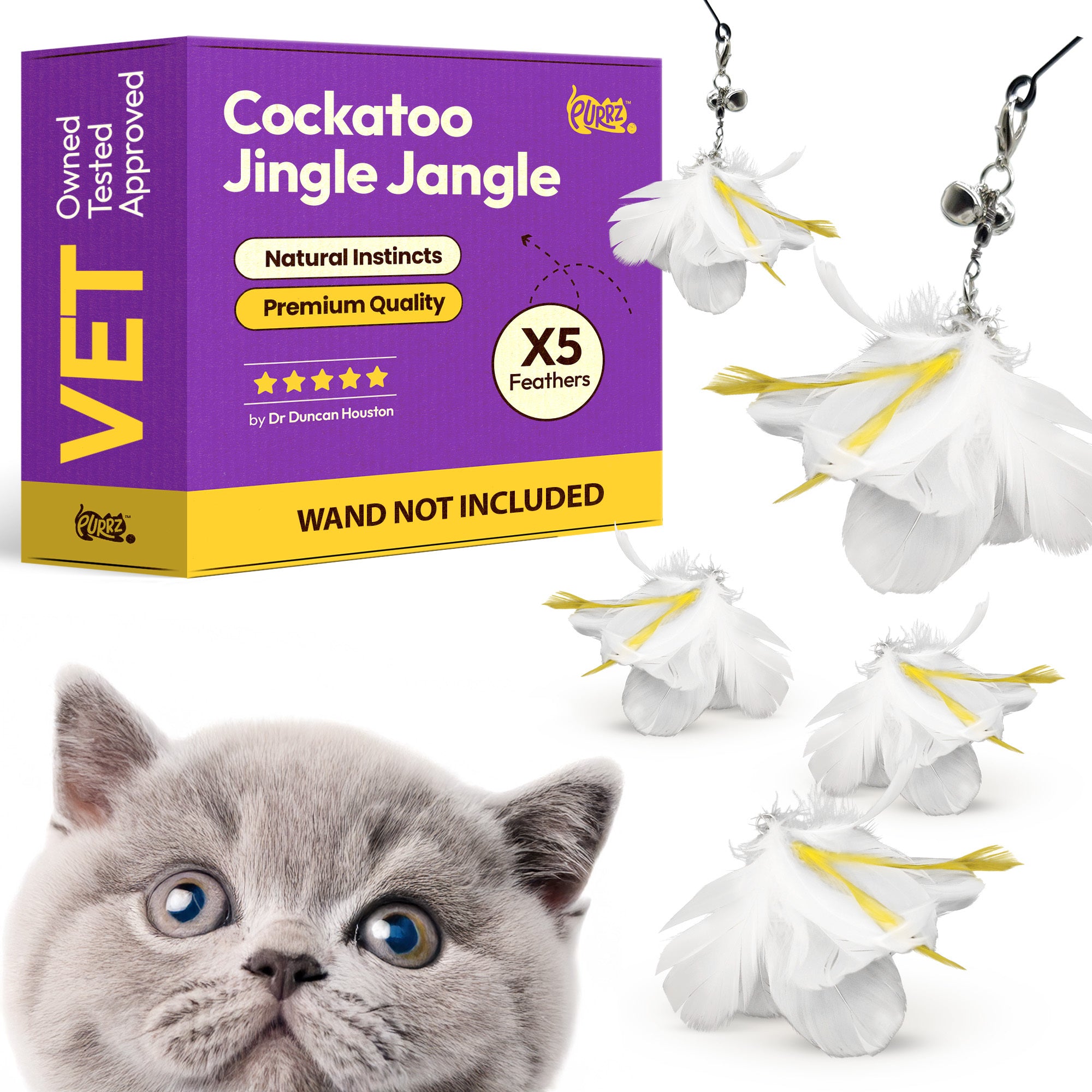 3-Pack Natural Australian Bird Feather Attachments for Cat Wand Toys – Vet-Approved Teaser for Indoor Cats – Fits Fishing Rod, Stick, and String Cat Toys – for Active Play & Mental Stimulation - (Cockatoo Jingle Jangle)