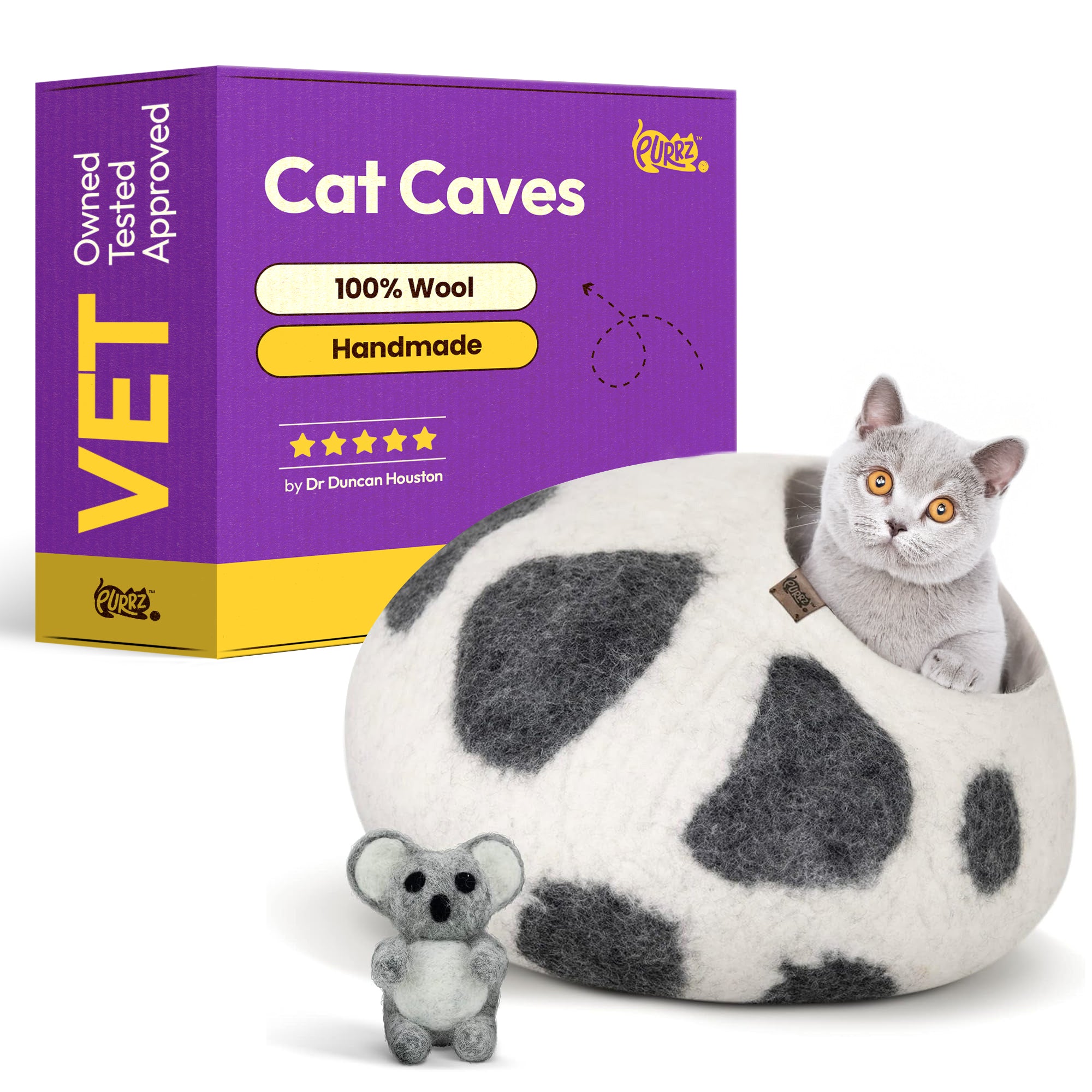 Luxury Cat Cave | Natural Wool Felt Handmade House, Bed, Condo, Furniture for Indoor Cats, Hideaway (BLACK COW)