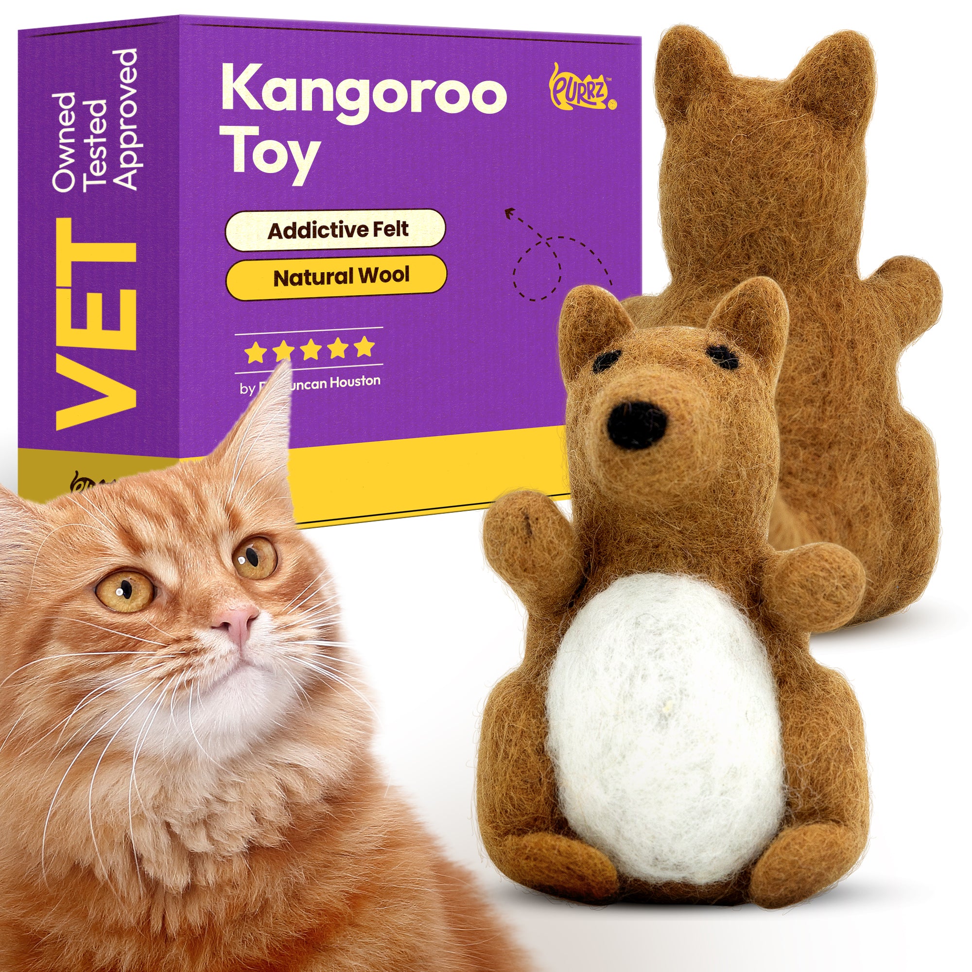 PURRZ Handmade Merino Wool Catnip Kicker Toy – Koala Shape, Vet-Designed, Bite-Resistant, Organic Catnip, Hypoallergenic, Eco-Friendly, Soft Plush Wool for Indoor Cats & Kittens Single Toy - (Kangaroo)