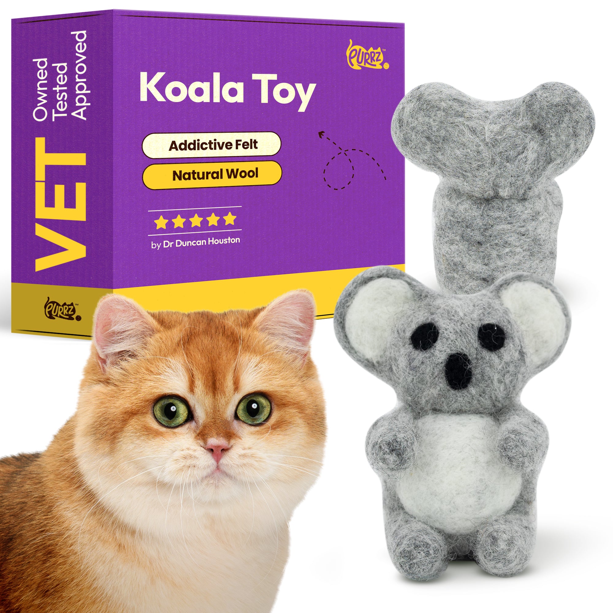 PURRZ Handmade Merino Wool Catnip Kicker Toy – Koala Shape, Vet-Designed, Bite-Resistant, Organic Catnip, Hypoallergenic, Eco-Friendly, Soft Plush Wool for Indoor Cats & Kittens Single Toy - (Koala)