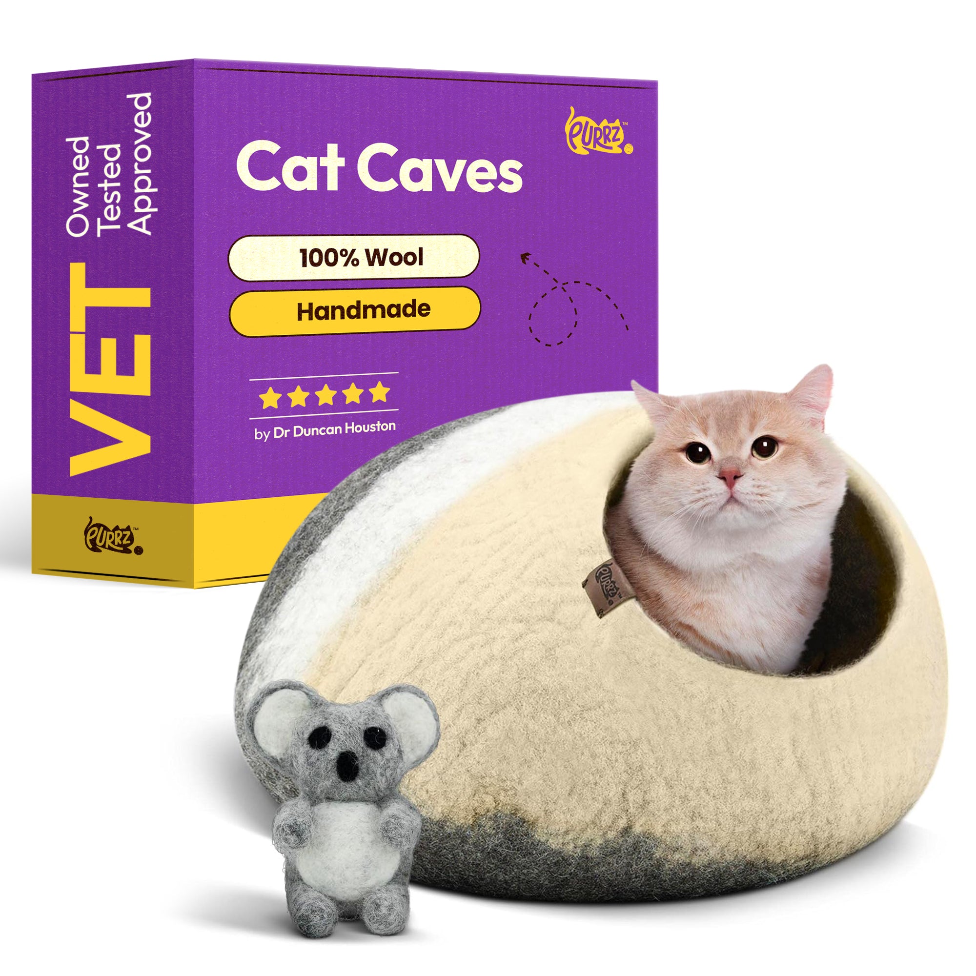 PURRZ Luxury Cat Cave | Natural Wool Felt Handmade Cat House, Cat Beds, Cat Condo, Cat Furniture, Cat Beds for Indoor Cats, Cat Houses for Indoor Cats, Cat Hideaway (KOALA)