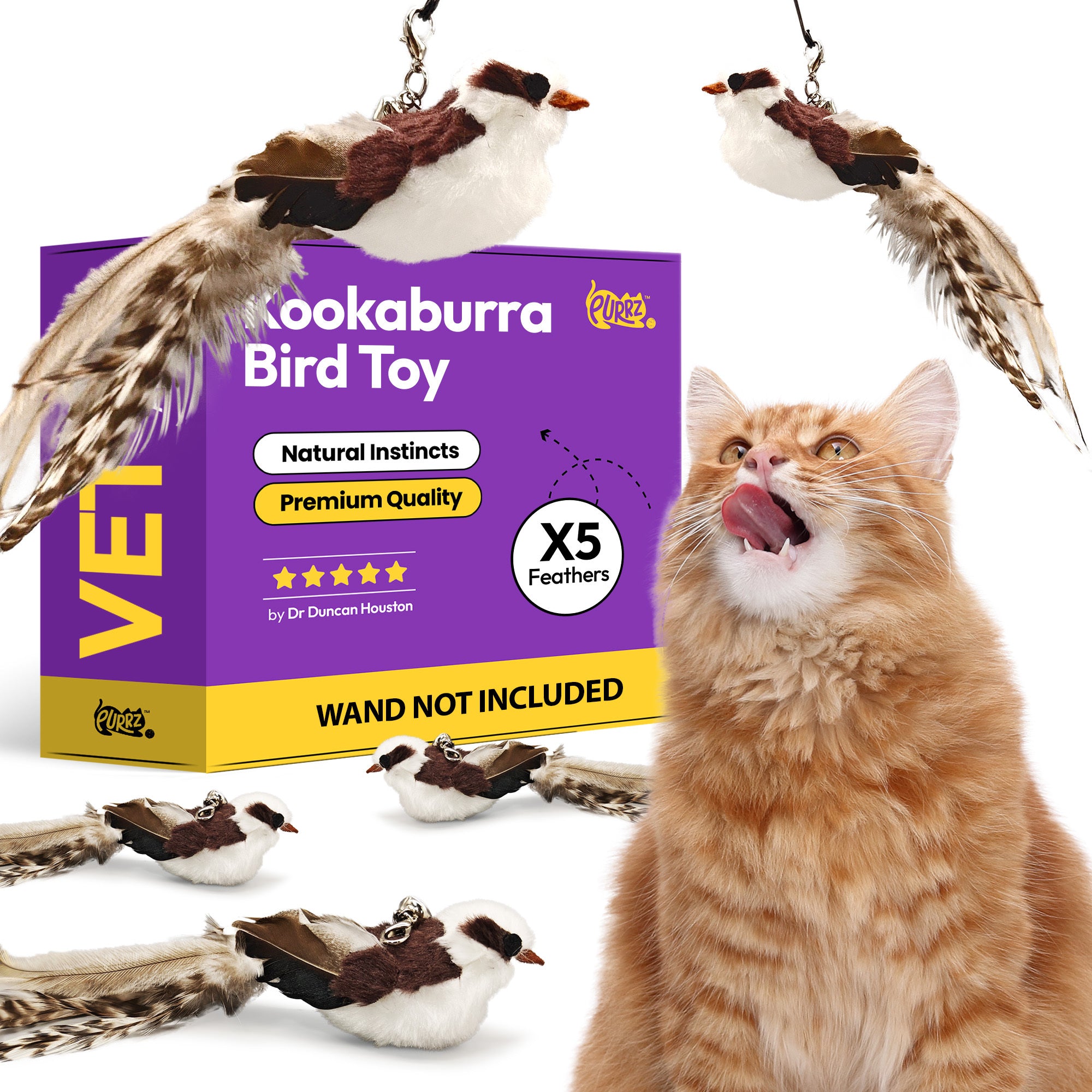 3-Pack Natural Australian Bird Feather Attachments for Cat Wand Toys – Vet-Approved Teaser for Indoor Cats – Fits Fishing Rod, Stick, and String Cat Toys – for Active Play & Mental Stimulation - (Kookabura Bird)