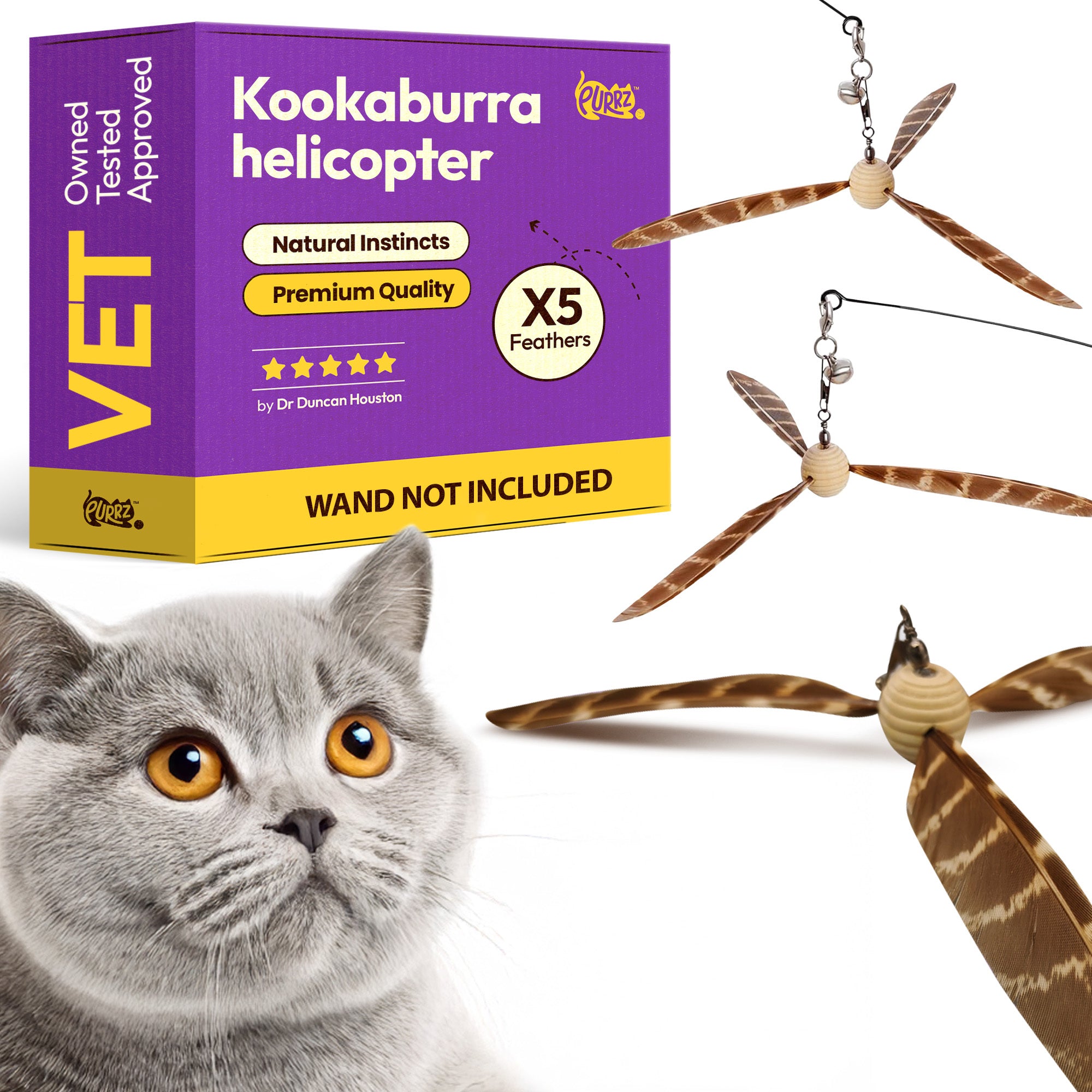 3-Pack Natural Australian Bird Feather Attachments for Cat Wand Toys – Vet-Approved Teaser for Indoor Cats – Fits Fishing Rod, Stick, and String Cat Toys – for Active Play & Mental Stimulation - (Kookabura Helicopter)