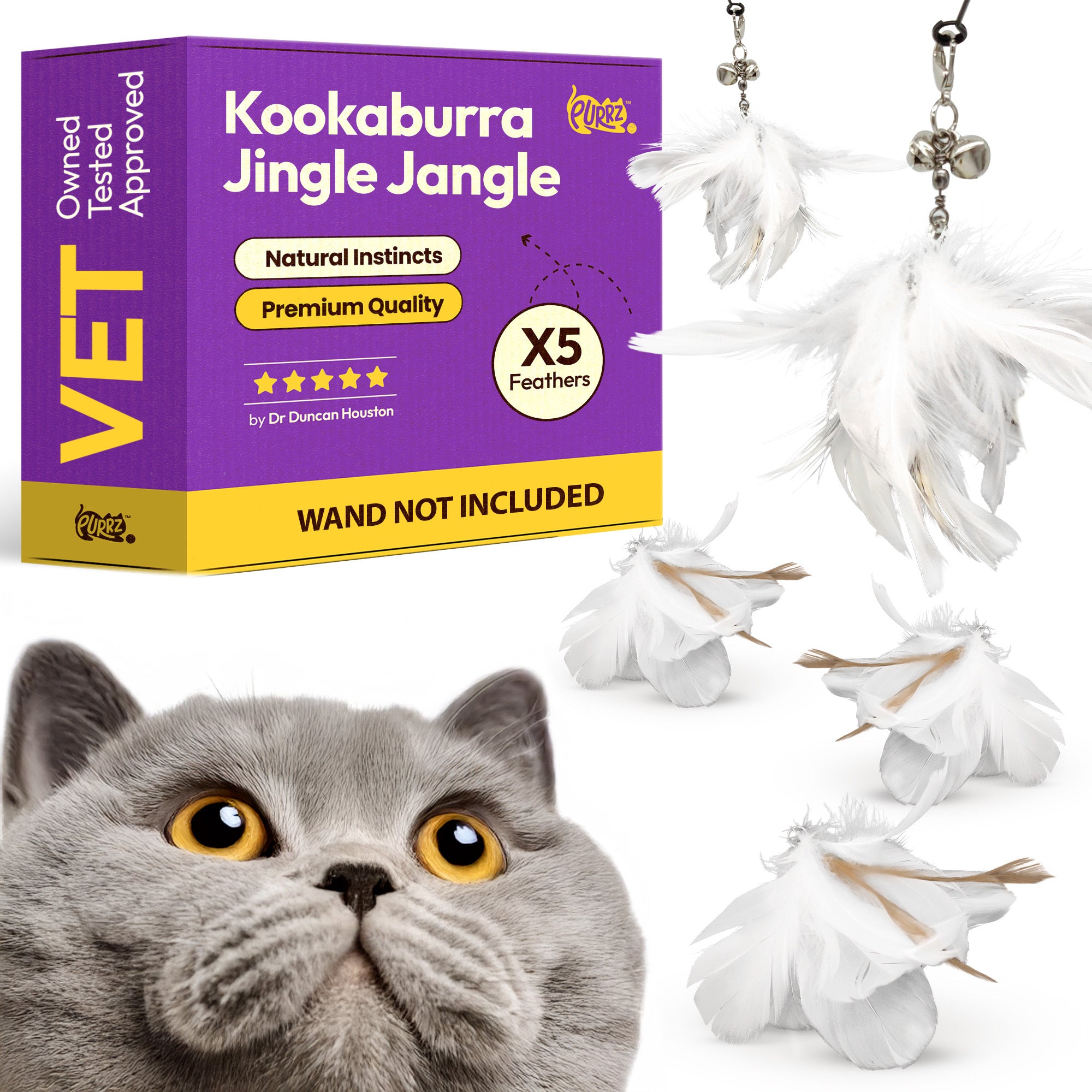 3-Pack Natural Australian Bird Feather Attachments for Cat Wand Toys – Vet-Approved Teaser for Indoor Cats – Fits Fishing Rod, Stick, and String Cat Toys – for Active Play & Mental Stimulation - (Kookabura Jingle Jangle)