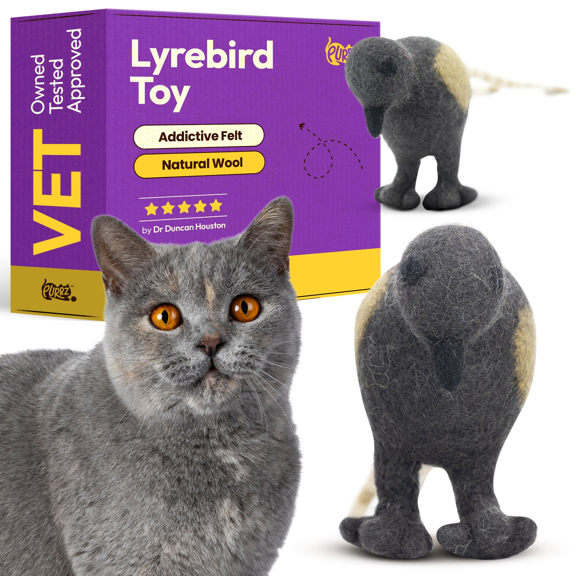 PURRZ HANDMADE MERINO WOOL CAT TOY – NATURAL CATNIP KICKER FOR CATS – HYPOALLERGENIC, VET-DESIGNED, DURABLE, ECO-FRIENDLY, SOFT & PLUSH FELT TOY – LYREBIRD SHAPE WITH LONG TAIL SINGLE TOY - (Lyrebird)