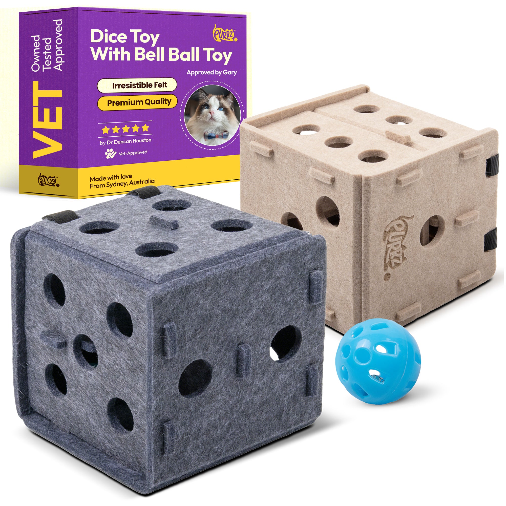 Dice-Shaped Felt Cat Toy – Interactive Cube Play Box with Bell Ball – Modern Felt Toy for Cats & Kittens (Grey or Cream)