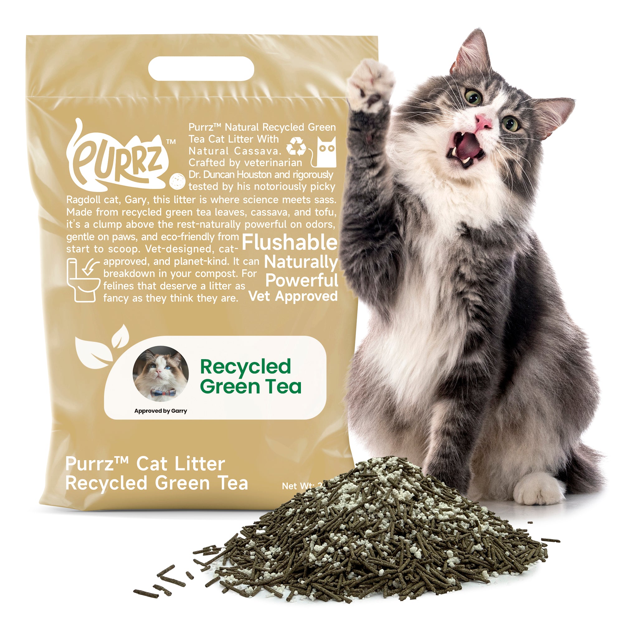 Recycled Green Tea Cat Litter – Natural Flushable Cassava & Tofu Formula – Eco-Friendly, Odor-Control, Vet Approved