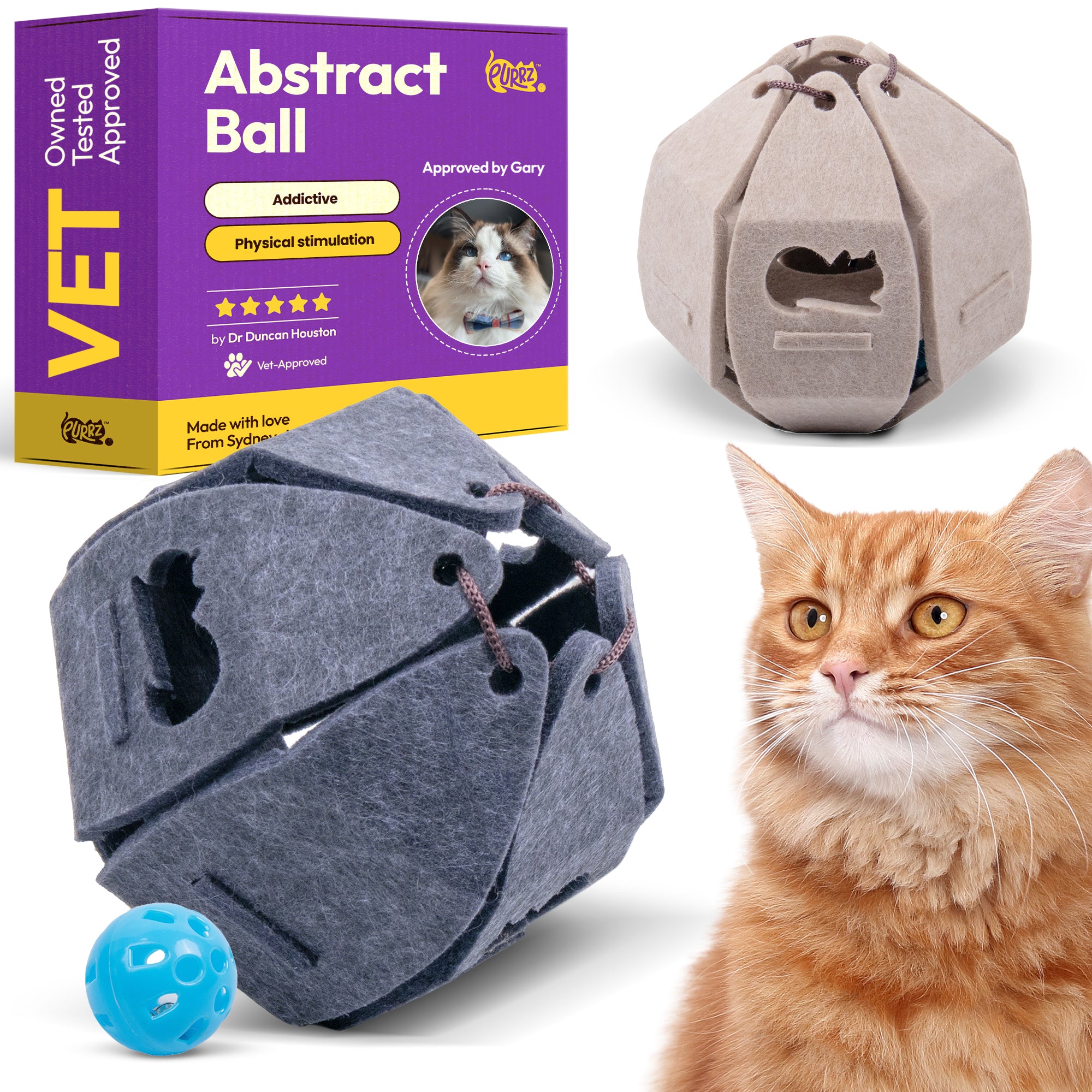 Abstract Felt Ball Cat Toy – Interactive Orb with Bell Ball Inside – Modern Felt Cat Toy (Grey or Cream)