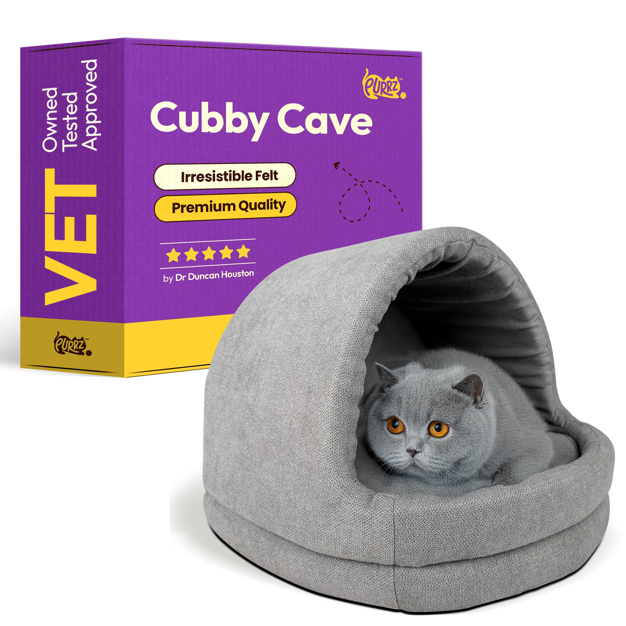 PURRZ Cat Cubby Cave – Washable, Cozy Cat Bed with Cushion – Non-Slip Base, Modern Design – Grey & Cow Print – Medium & Large Sizes – Indoor Pet Hideaway for Cats & Kittens (Grey)