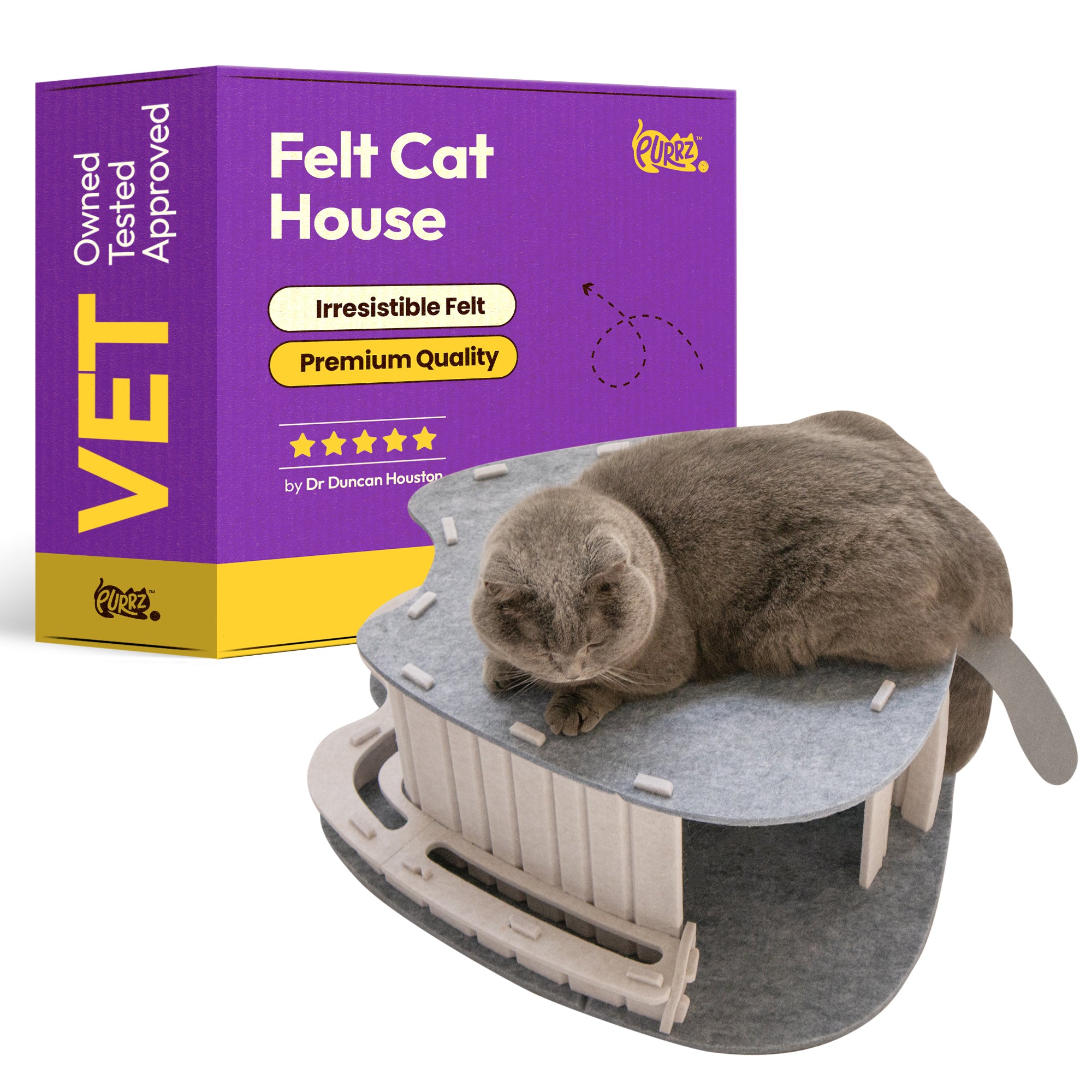 Cat Shaped Cat Cave House Home with Bell Ball Toy Tunnel – Felt, Foldable, and Durable Cat Hideaway – Spacious, Fun, and Cozy Flat (Grey and White, Small)