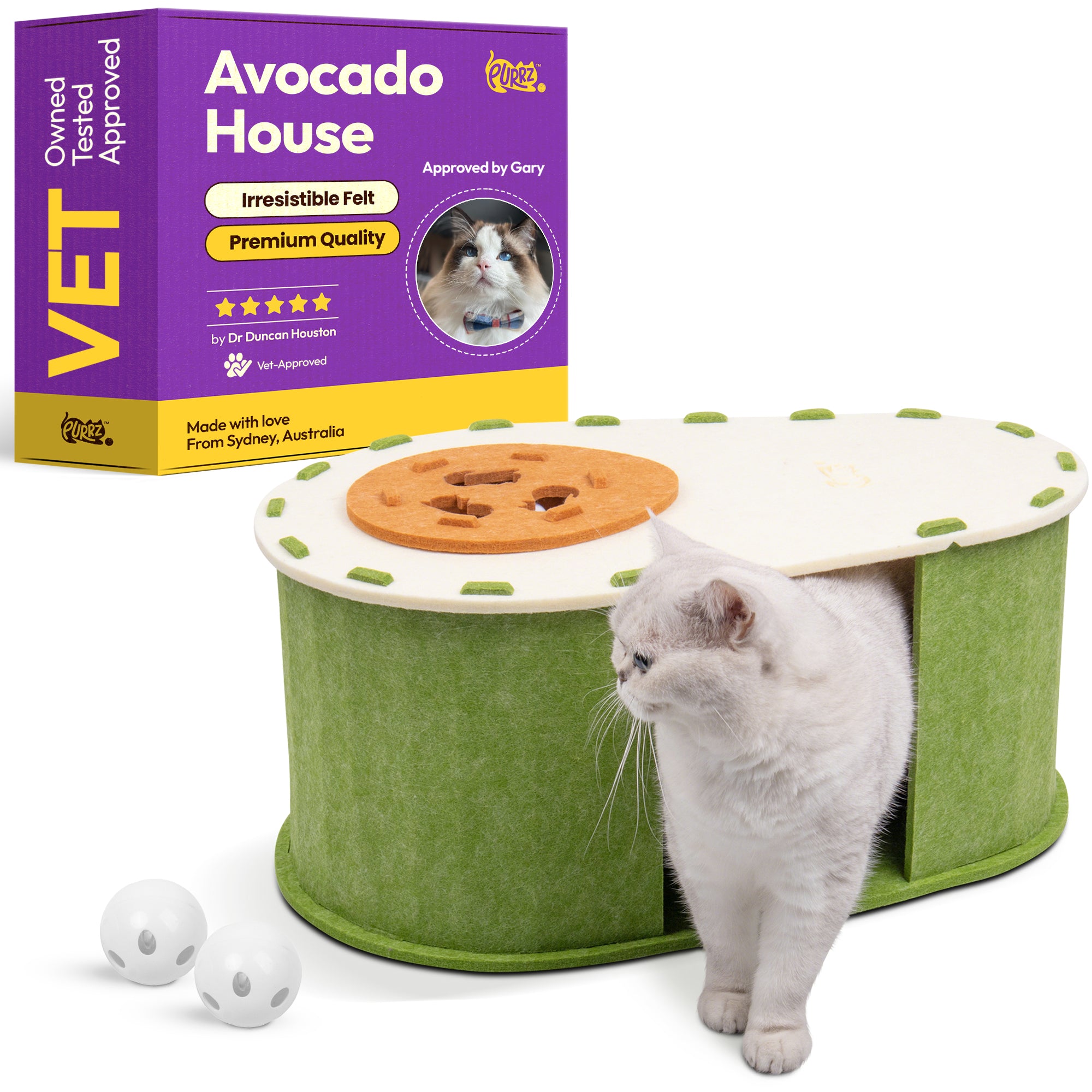 Avocado Cat House – Felt Hideout with Built-In Bell Ball “Seed” Toy – Cozy Cat Bed & Play Den