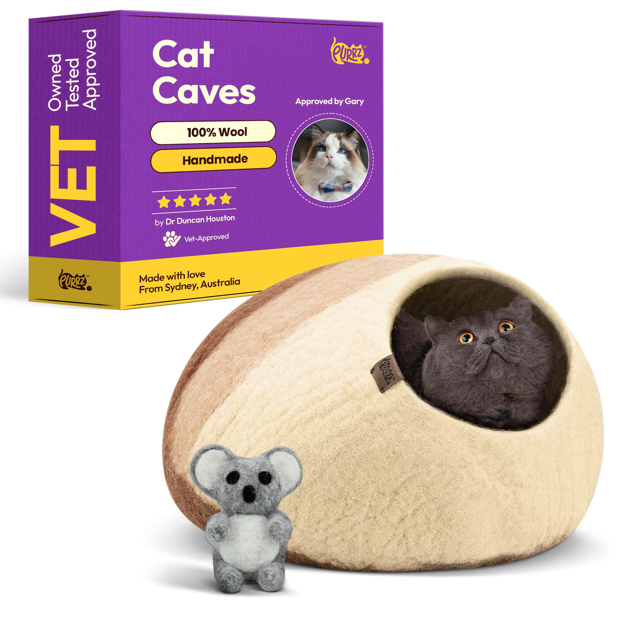 Handmade Merino Wool Cat Cave – Cozy, Calming & Hypoallergenic Hideaway for Cats & Small Pets (Kangaroo)