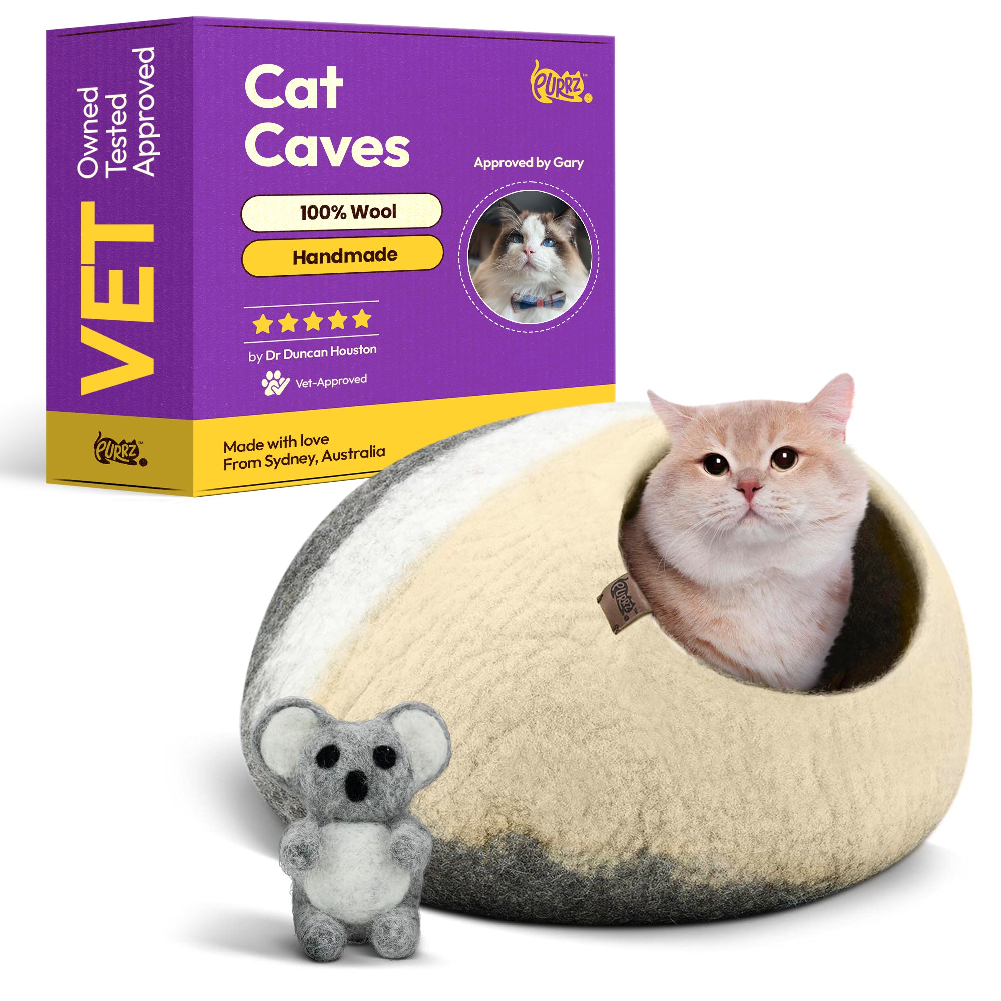 Handmade Merino Wool Cat Cave – Cozy, Calming & Hypoallergenic Hideaway for Cats & Small Pets (Koala)