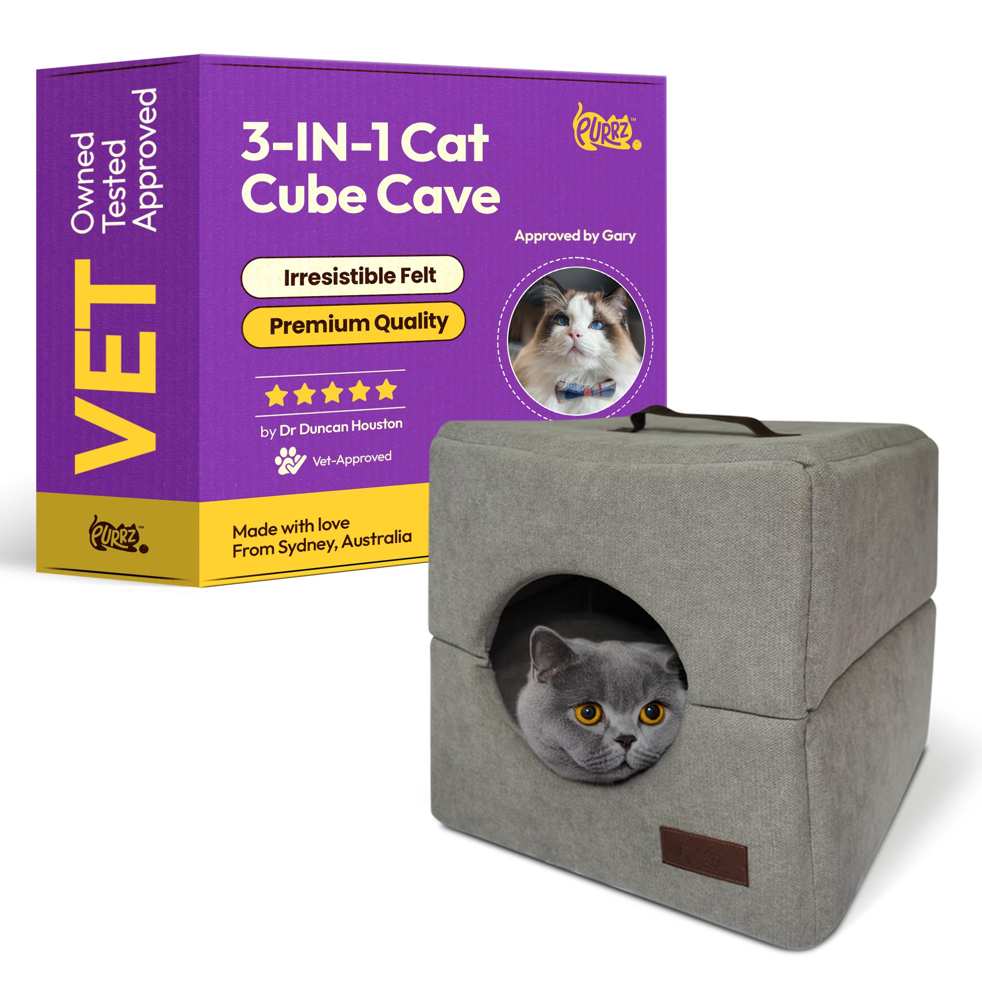 3-in-1 Foldable Cat Cube Cave – Plush Enclosed Bed with Cushion & Leather Handle