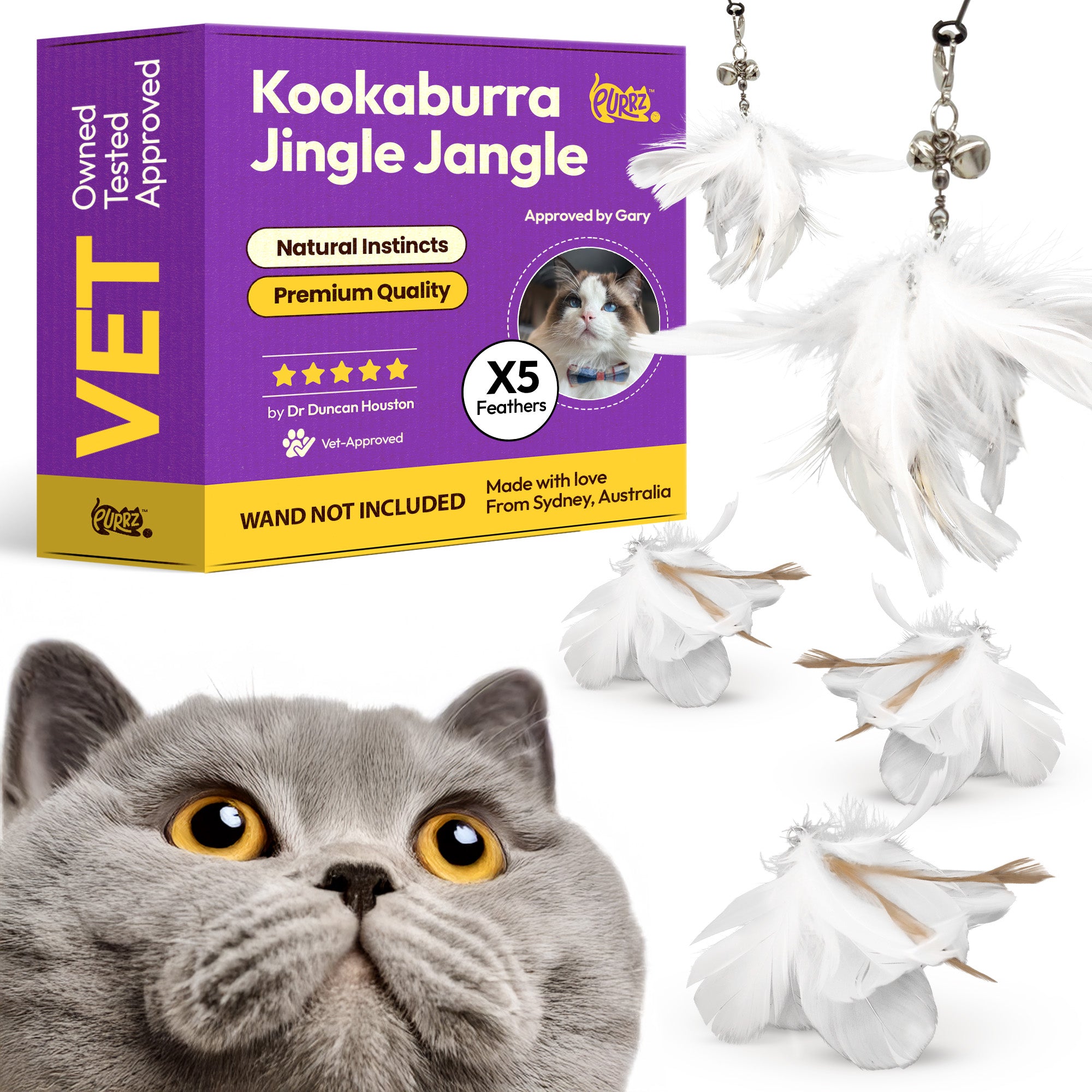 Kookaburra Feather Wand Attachments (5-Pack) – Natural, Vet-Approved Refills for Cat Wand Toys