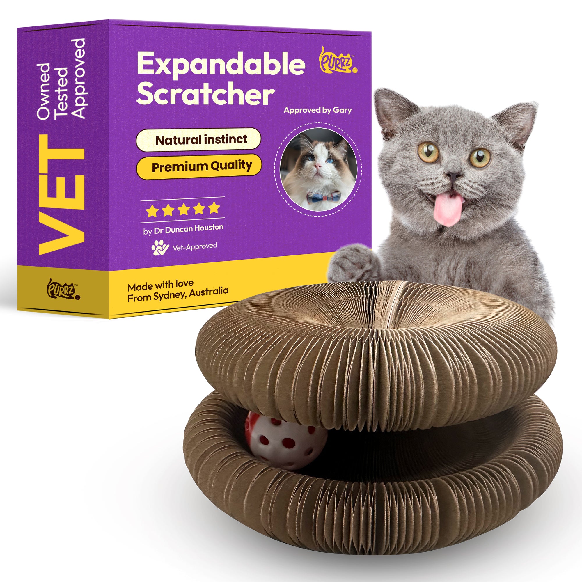 Cardboard Cat Scratcher with Bell Ball – 2-in-1 Expandable C-Shape, Foldable & Eco-Friendly