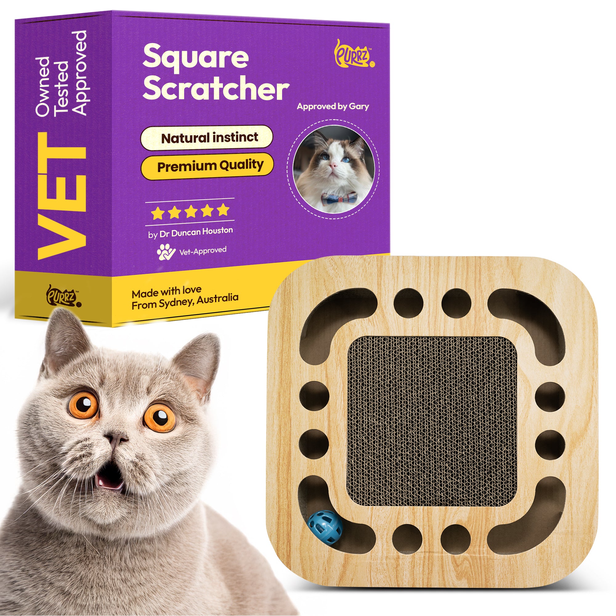 Cardboard Square Cat Scratcher with Bell Ball – 2-in-1 Expandable, Foldable & Eco-Friendly