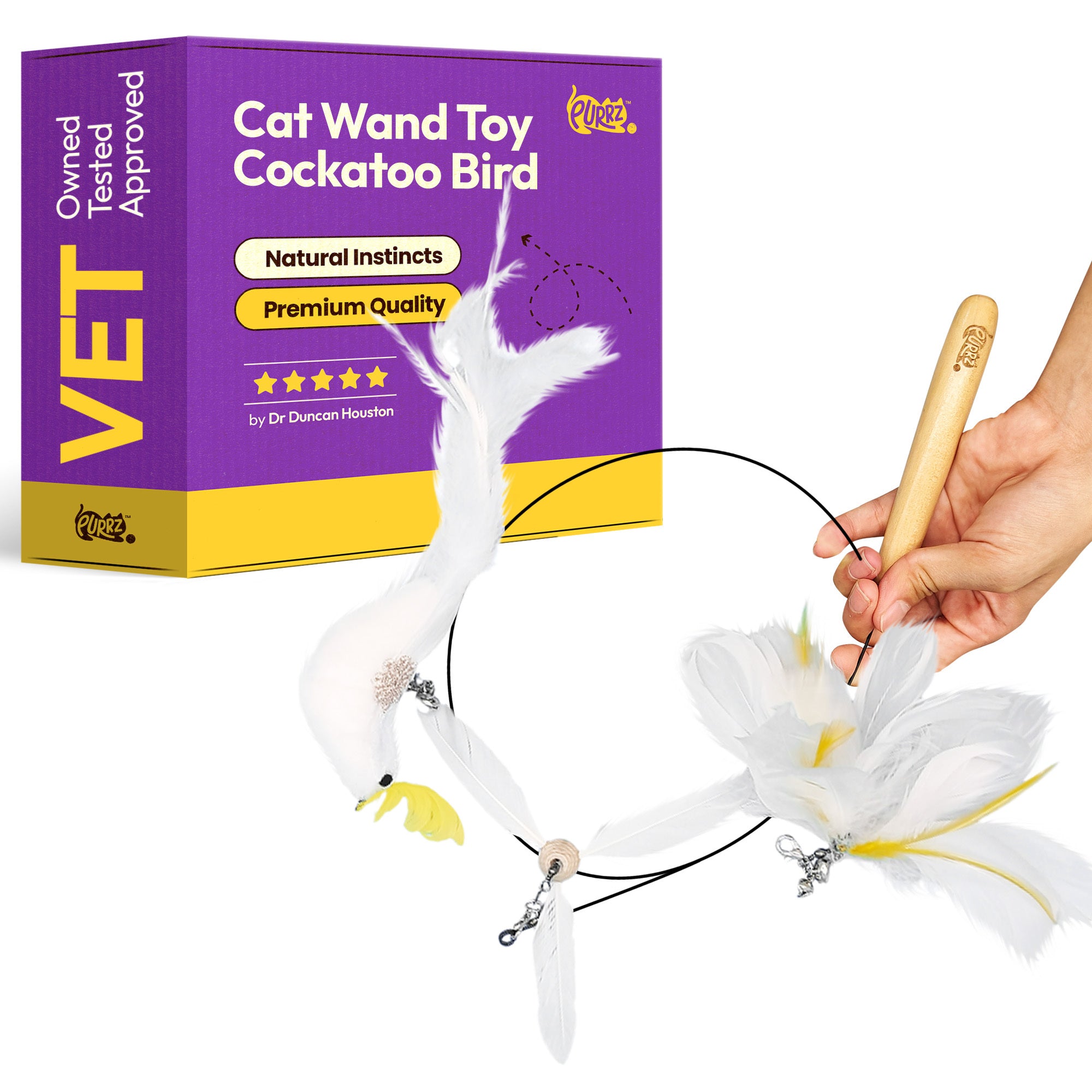 PURRZ Cat Feather Wand Toy – Natural Cockatoo-Inspired Teaser with 3 Interchangeable Feather Toys, Flexible Steel Wand, Non-Toxic, Vet-Designed Interactive Toy for Indoor Cats, Kittens & Seniors - (Cockatoo Bird)