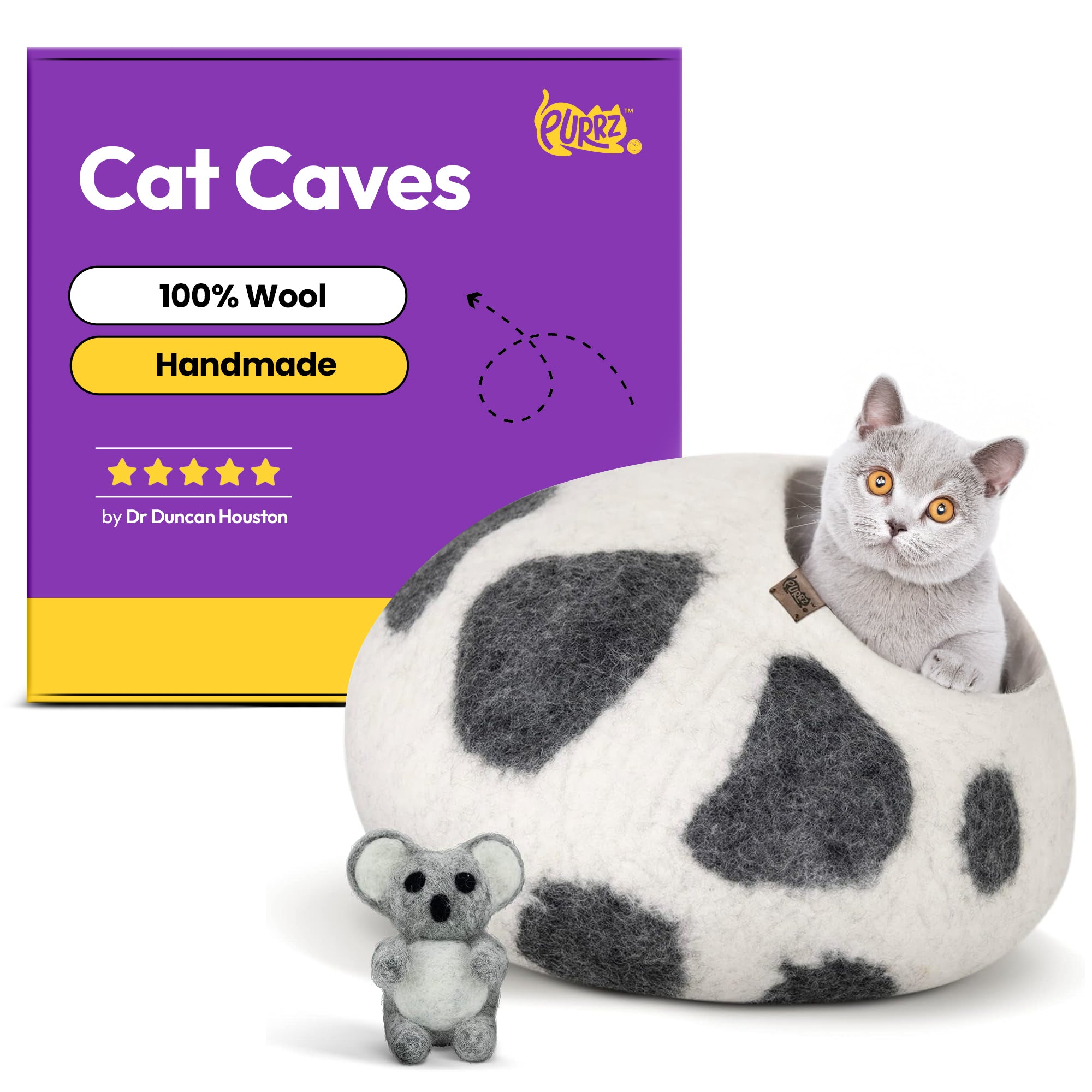 Luxury Cat Cave | Natural Wool Felt Handmade House, Bed, Condo, Furniture for Indoor Cats, Hideaway (BLACK COW)