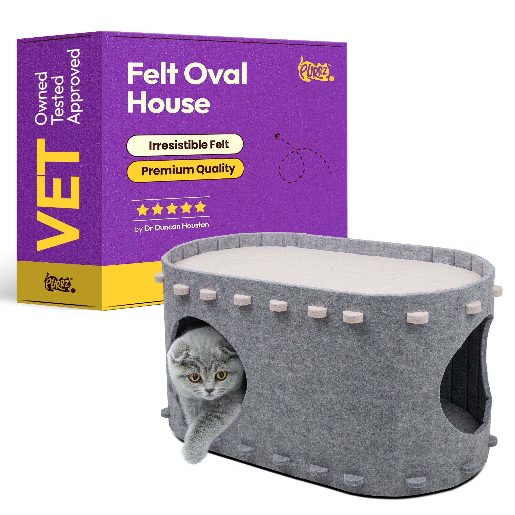 Cat Oval House for Indoor Cats – Cozy Cave & Tunnel Bed for Large Cats Up to 22 Lbs – Foldable, Scratch-Resistant, and Insulated Felt Cat Hideaway - (Grey and White) (Small)