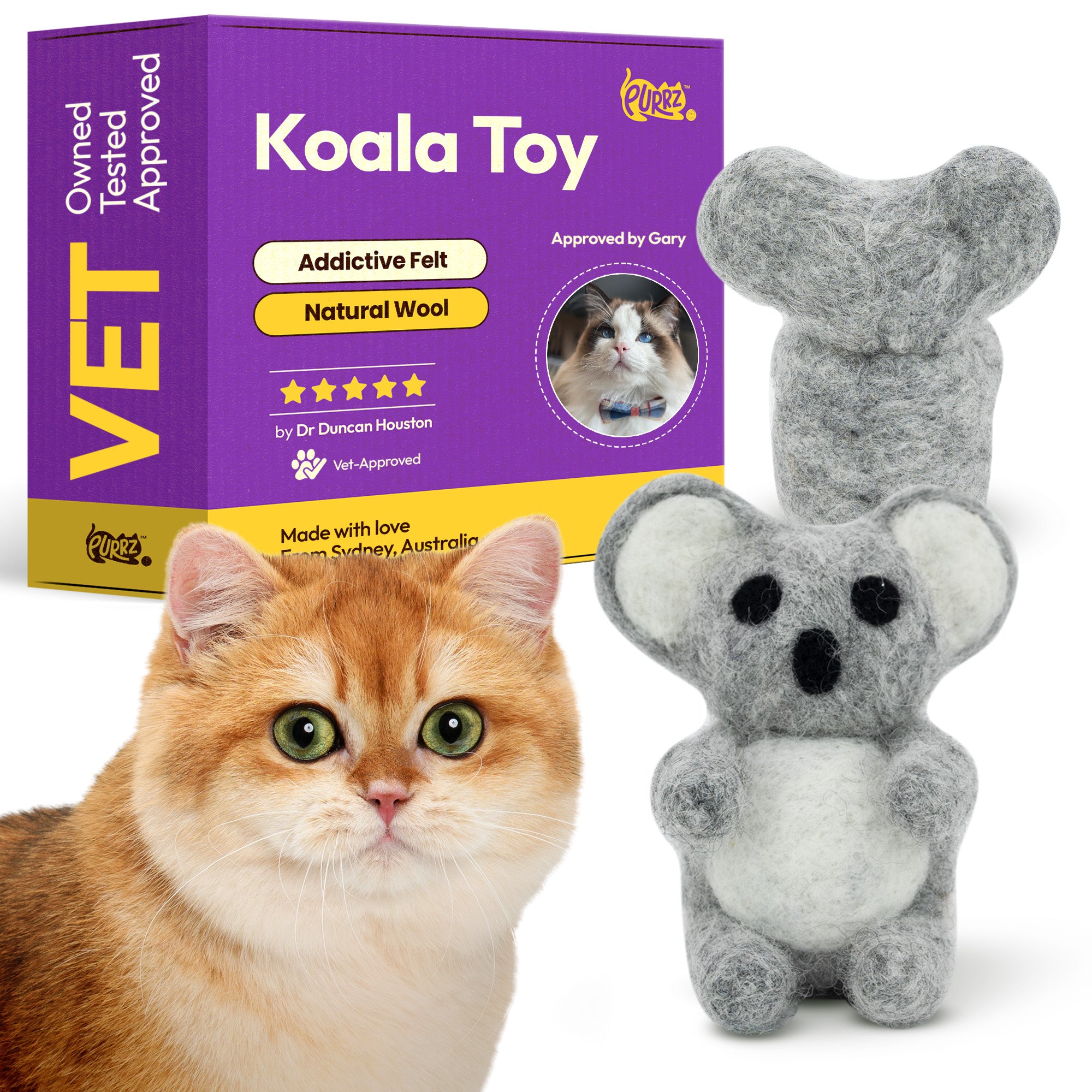 Handmade Merino Wool Catnip Kicker Toy – Koala Shape, Organic Catnip, Vet-Designed
