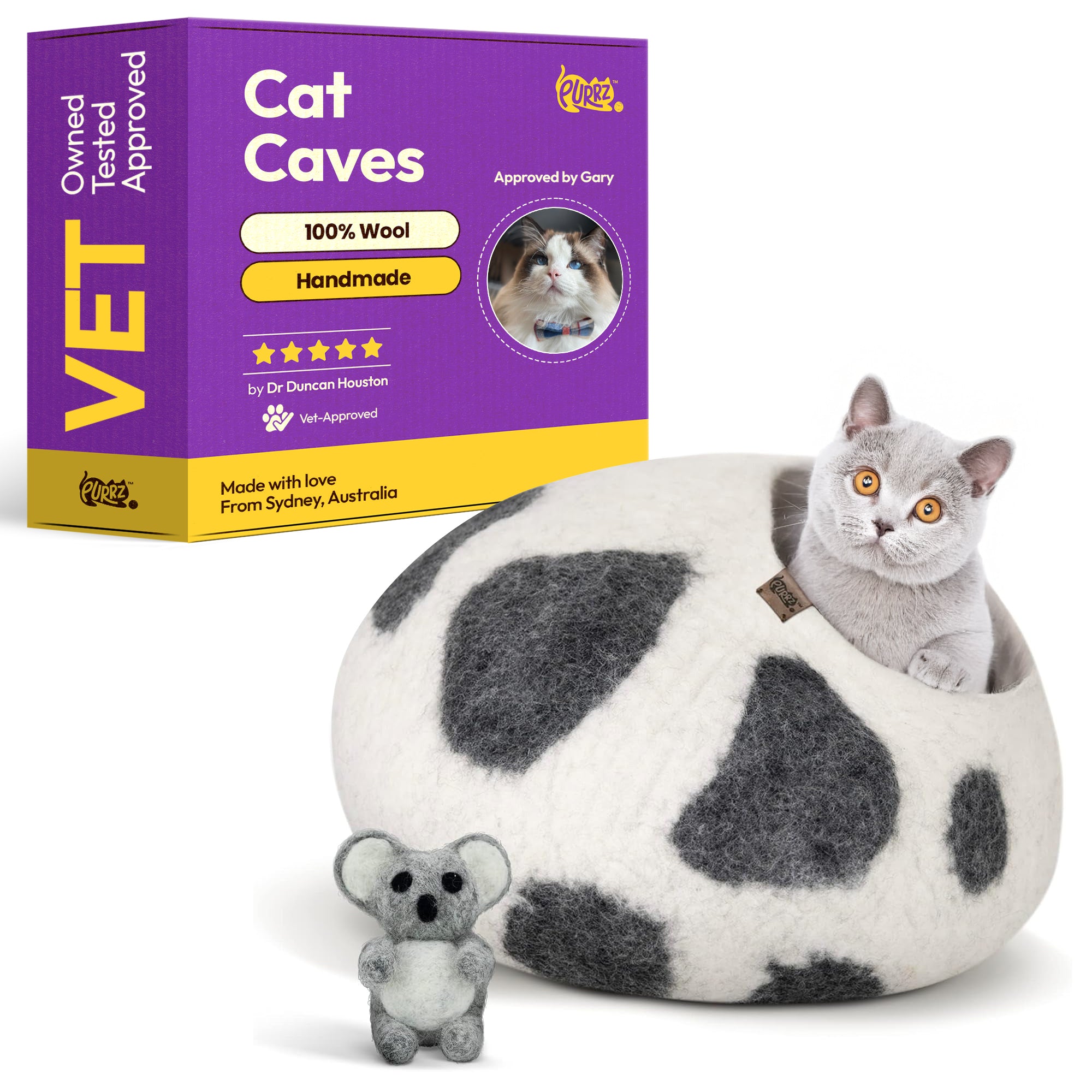 Handmade Merino Wool Cat Cave – Cozy, Calming & Hypoallergenic Hideaway for Cats & Small Pets (Black Cow)