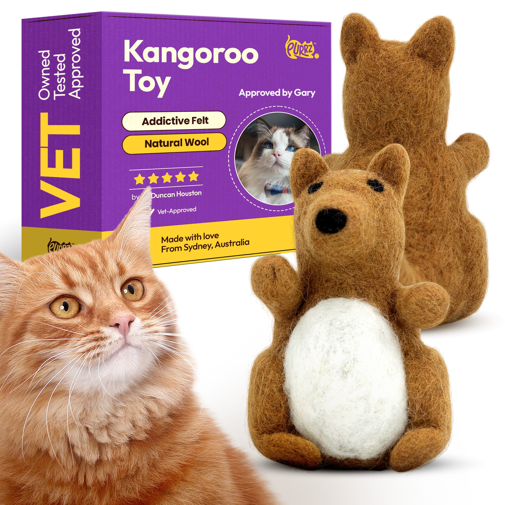 Handmade Merino Wool Catnip Kicker Toy – Kangaroo Shape, Organic Catnip, Vet-Designed