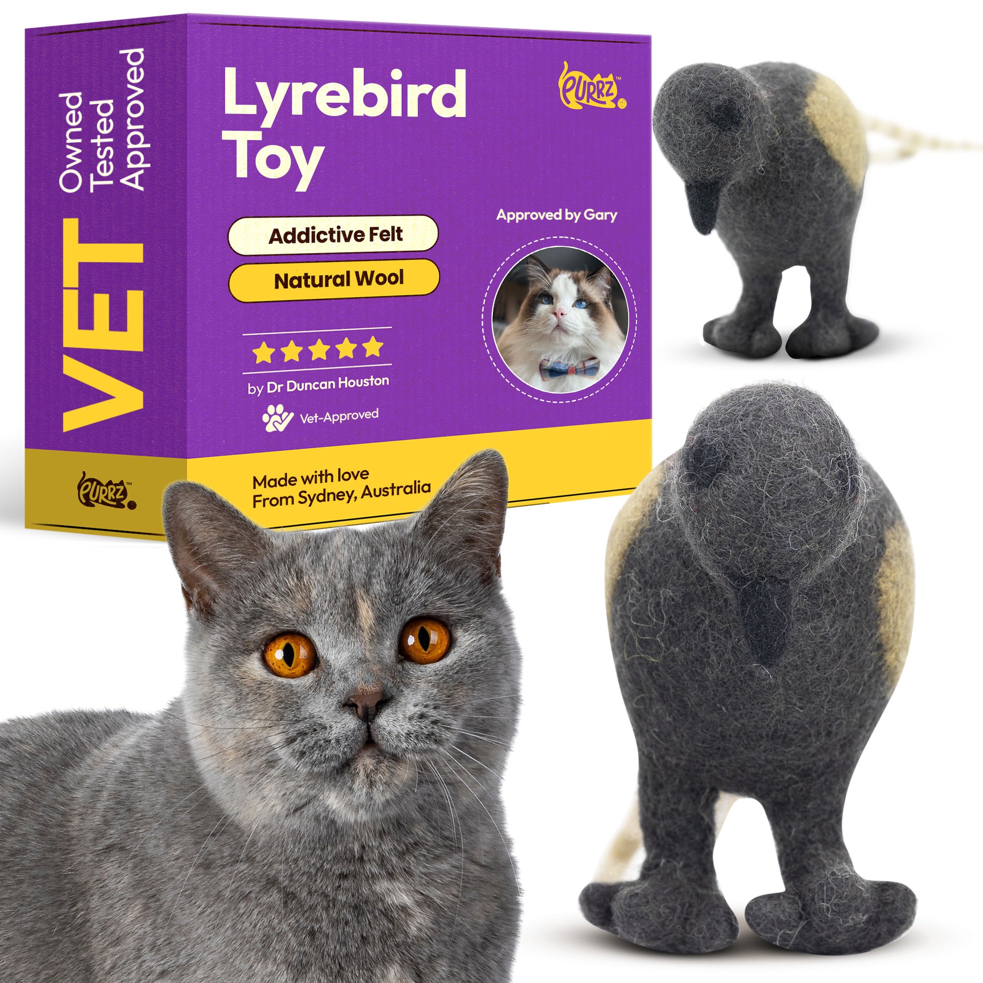 Handmade Merino Wool Catnip Kicker Toy – Lyrebird Shape, Organic Catnip, Vet-Designed