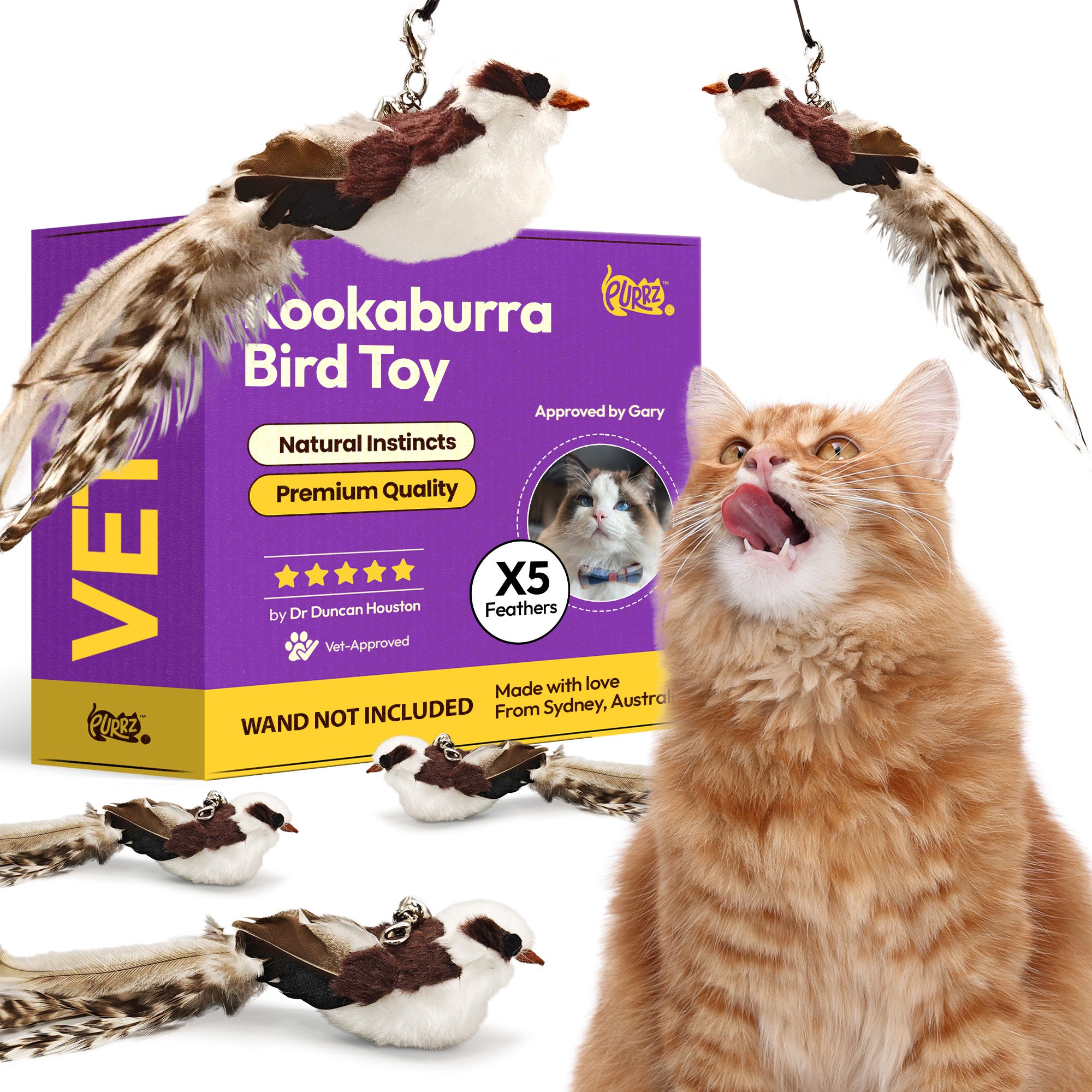 Kookaburra Bird Wand Attachment (5-Pack) – Natural, Vet-Approved Refills for Cat Wand Toys