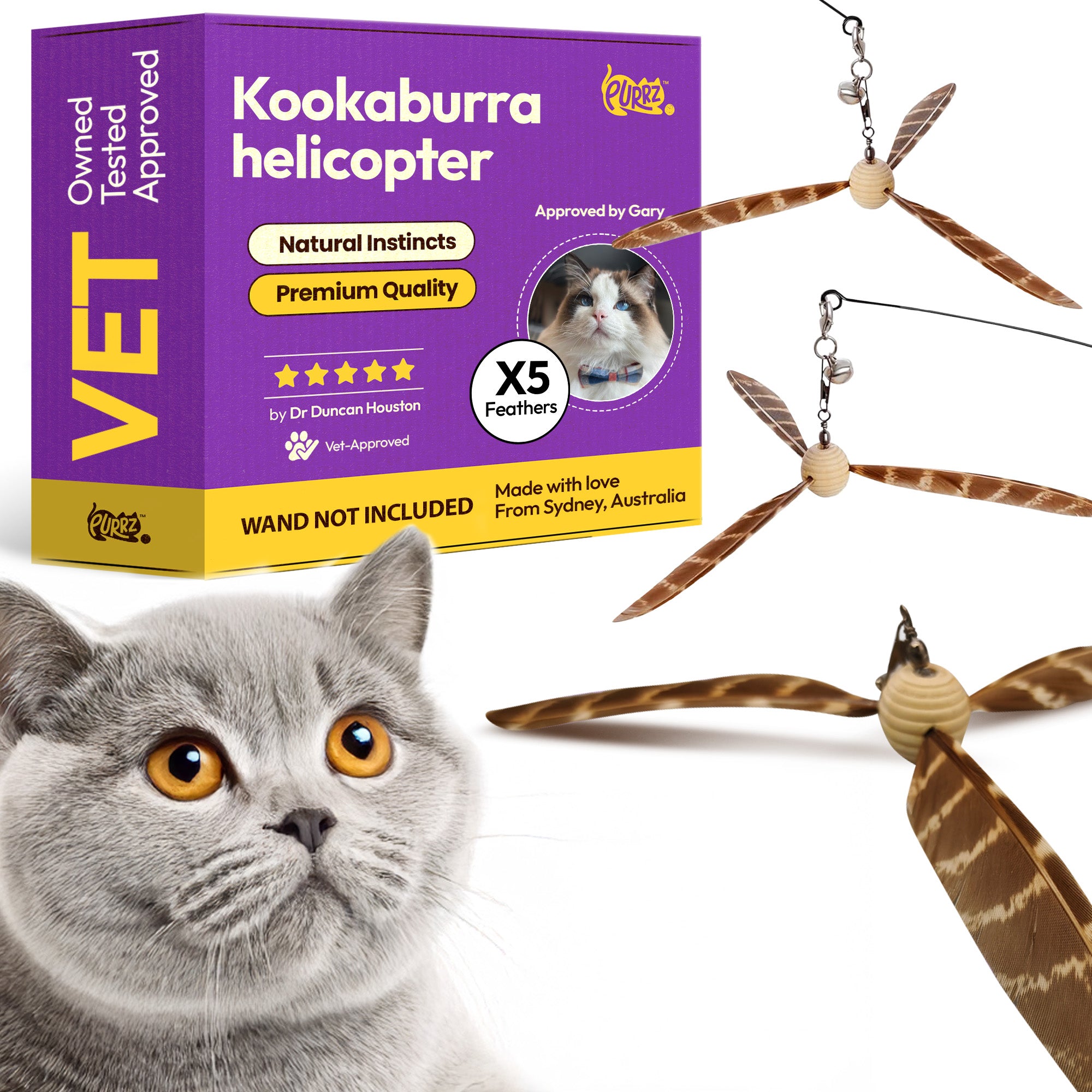 Kookaburra Helicopter Bird Wand Attachment (5-Pack) – Natural, Vet-Approved Refills for Cat Wand Toys